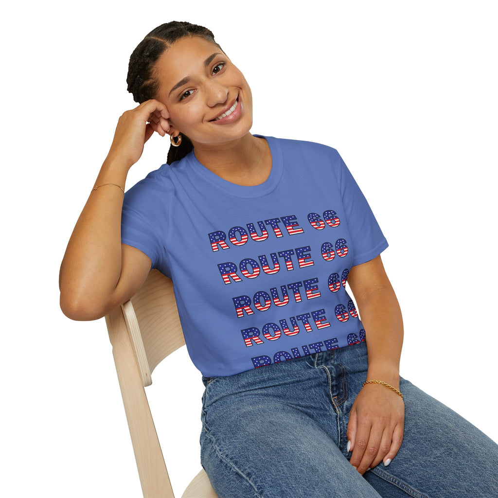 Route 66 Retro Text T-Shirt | American Flag Roadtrip Graphic