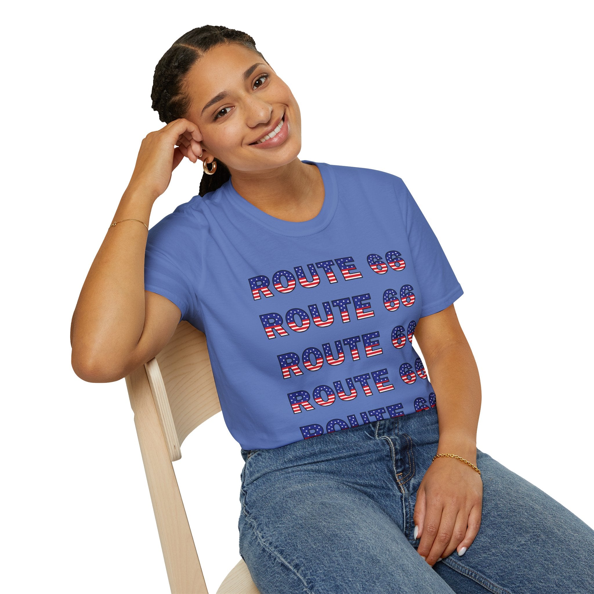 Route 66 Retro Text T-Shirt | American Flag Roadtrip Graphic