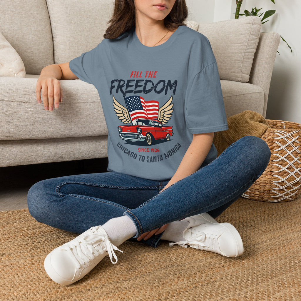 Fill the Freedom Vintage Car T-Shirt | American Flag Wings Chicago to Santa Monica Route 66