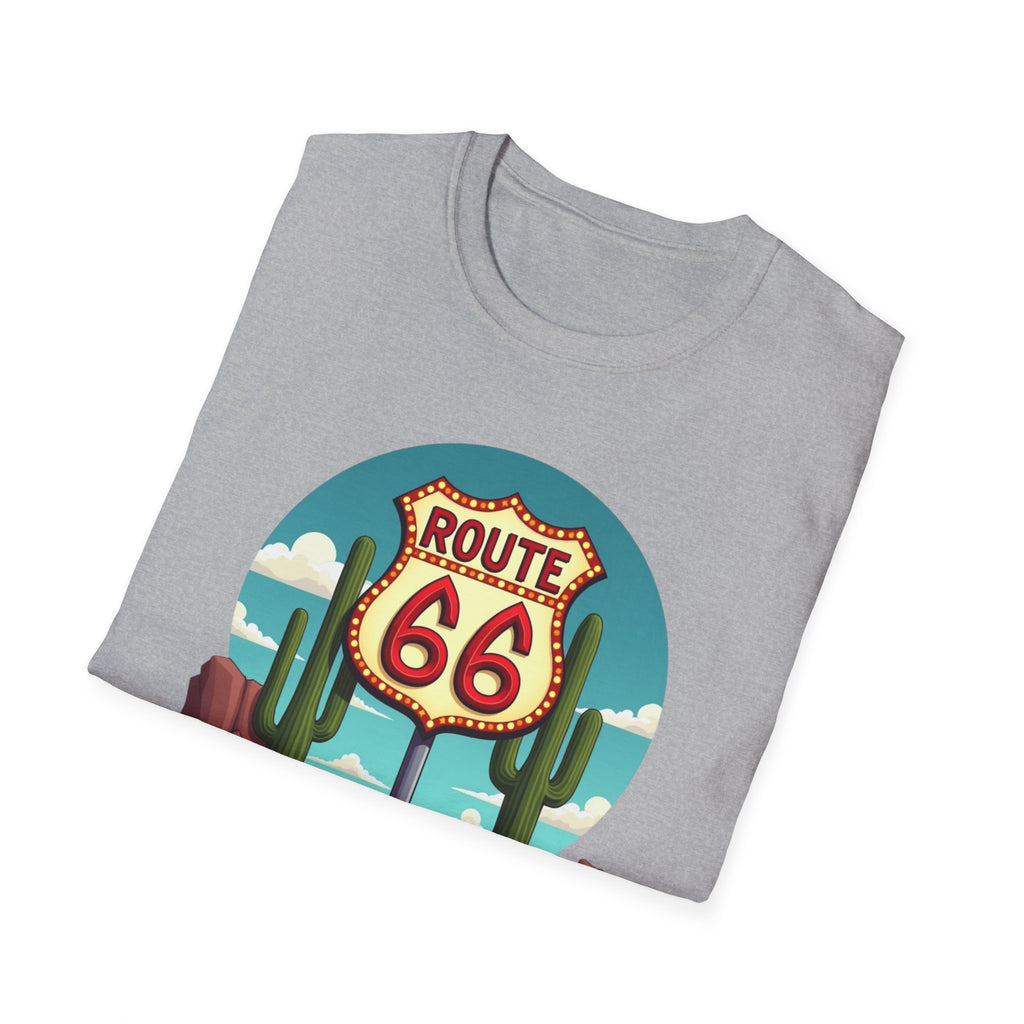 Route 66 Classic Car T-Shirt | Retro Desert Road Sign, Vintage Convertible