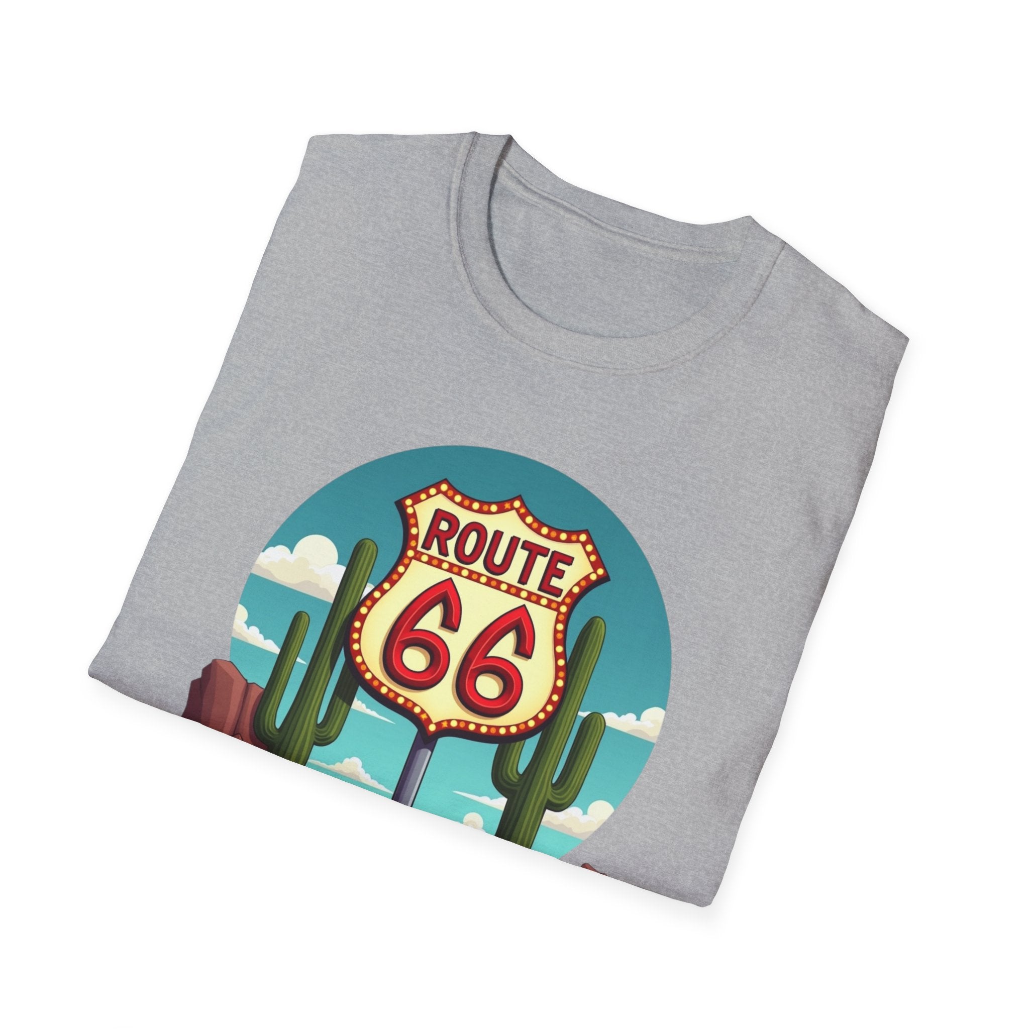 Route 66 Classic Car T-Shirt | Retro Desert Road Sign, Vintage Convertible