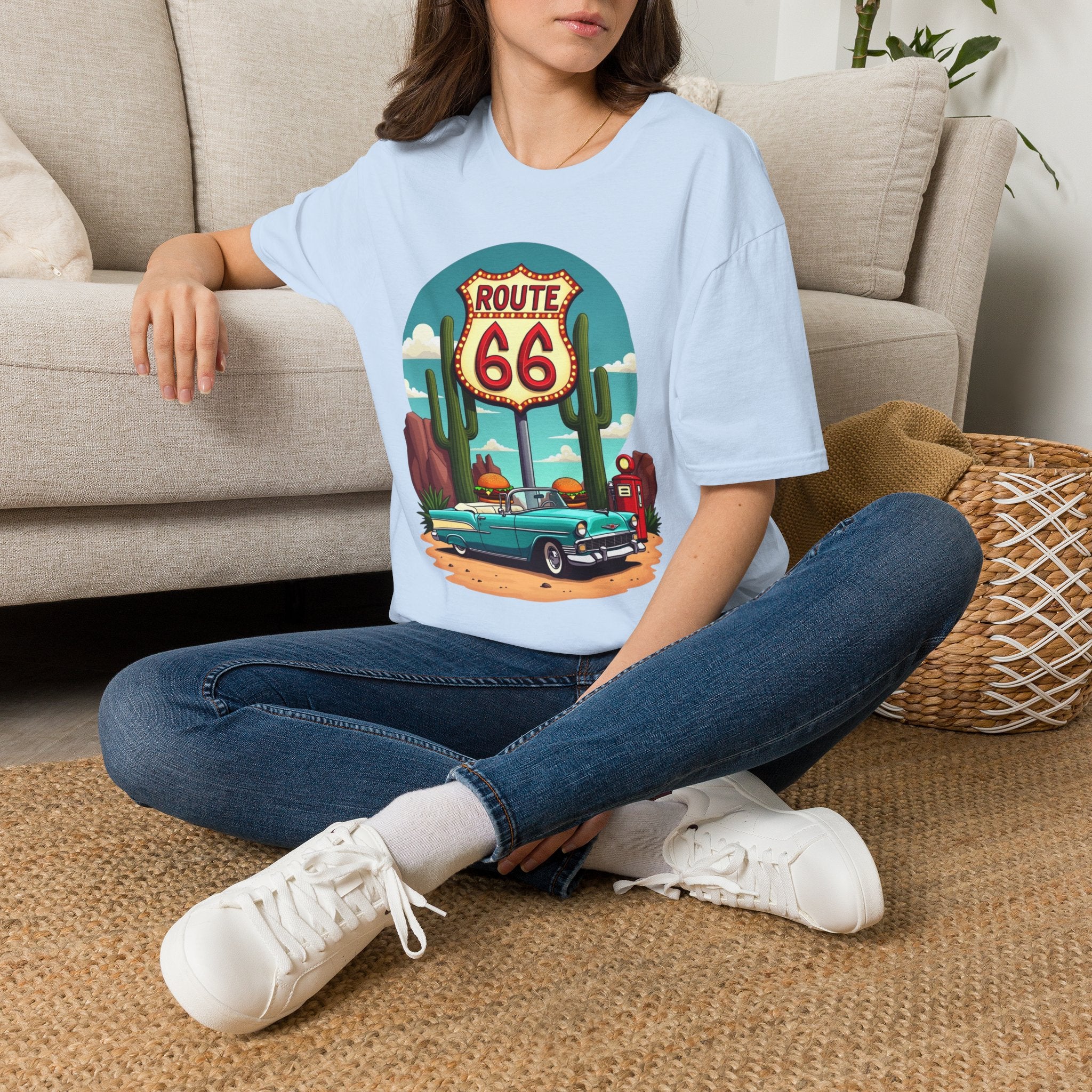 Route 66 Classic Car T-Shirt | Retro Desert Road Sign, Vintage Convertible