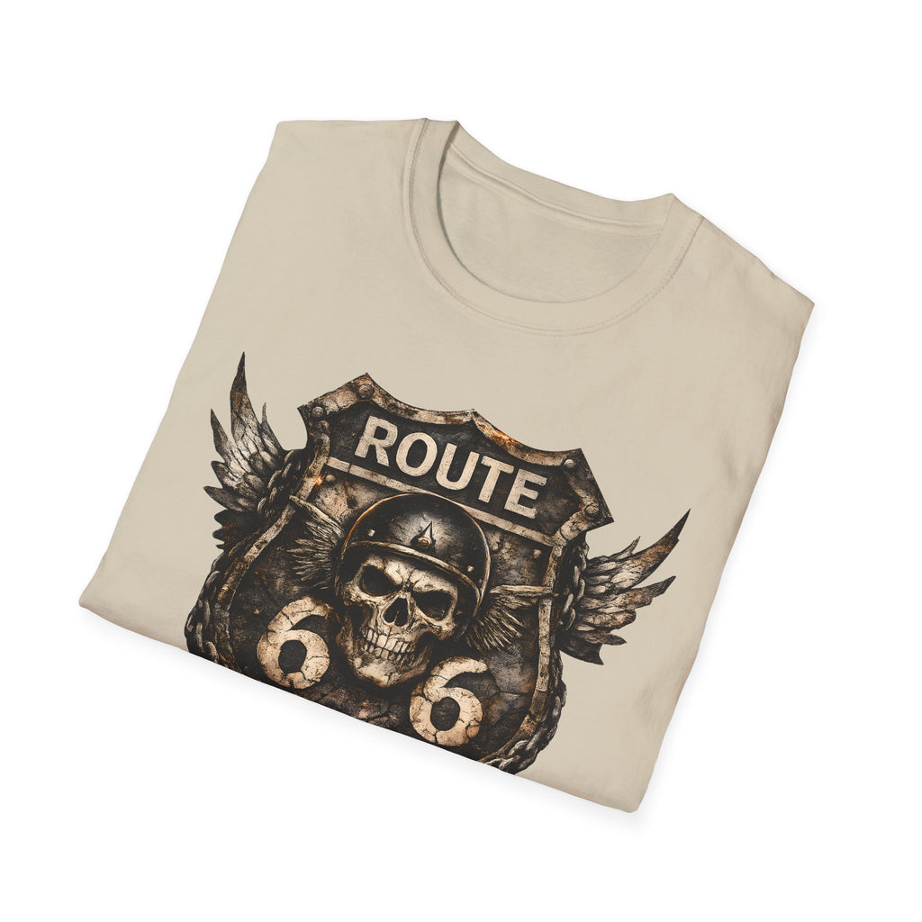 Route 66 Skull Badge T-Shirt | Ride the Legend, Winged Helmet Motorcycle Design