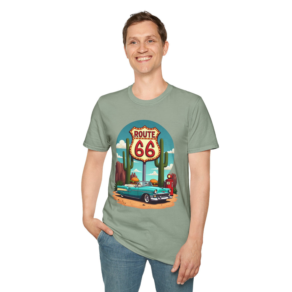Route 66 Classic Car T-Shirt | Retro Desert Road Sign, Vintage Convertible