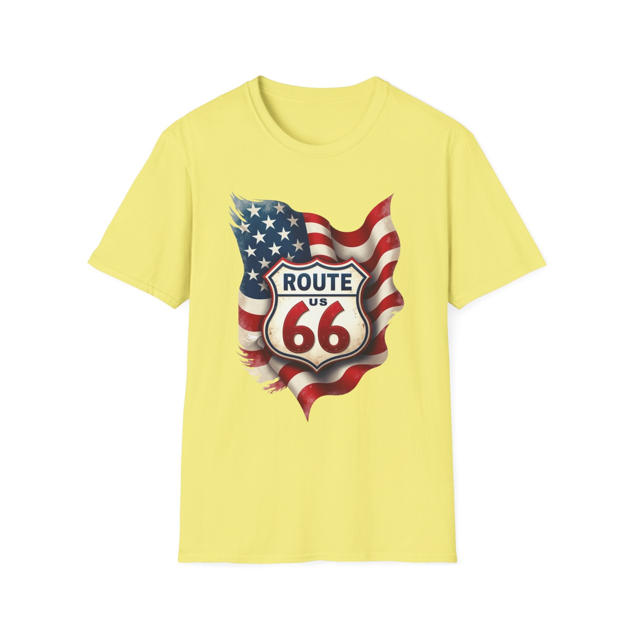 Route 66 Shield with American Flag T-Shirt | Vintage Road Trip Tee
