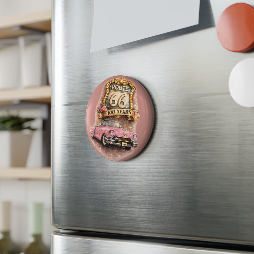 Route 66 100 Years Pink Classic Car Button Magnet