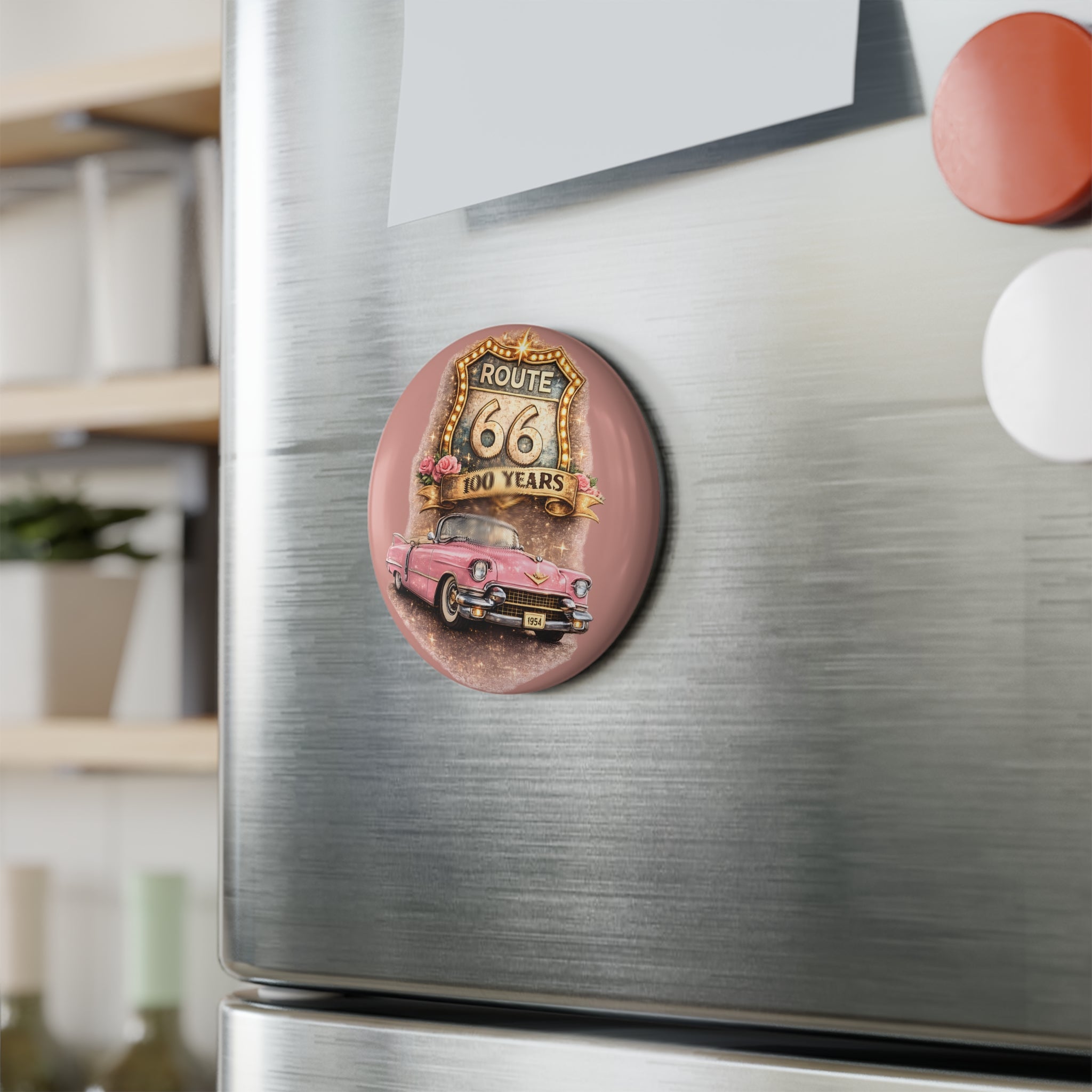 Route 66 100 Years Pink Classic Car Button Magnet