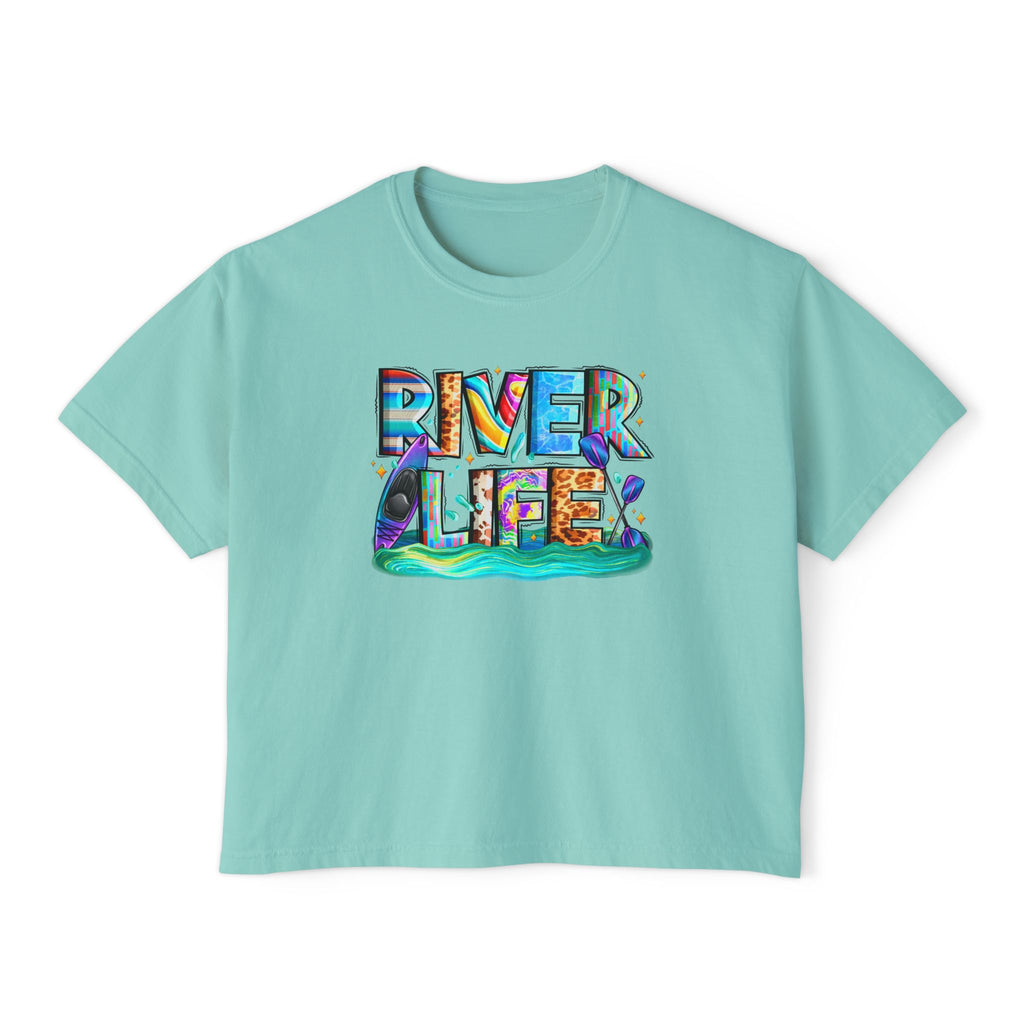 River Life boxy tee | colorful river lettering, kayak, fishing graphics