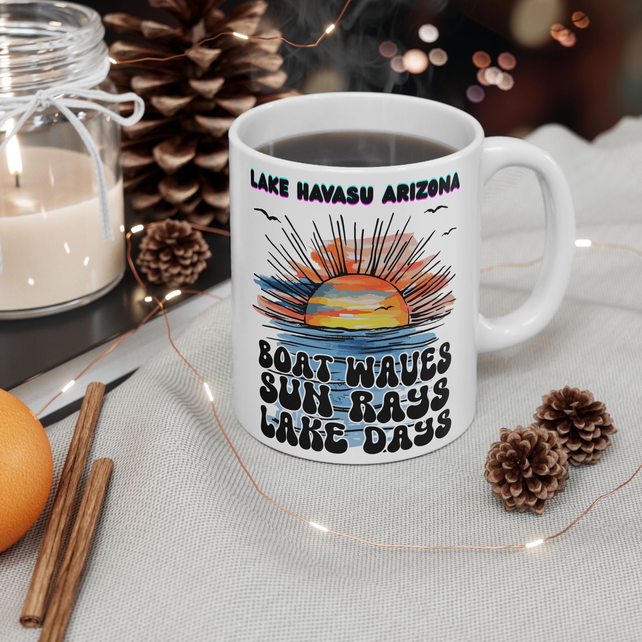 Lake Havasu Arizona Sunset Boat Waves Sun Rays Lake Days Mug | Retro Beach Sunrise Ceramic Mug