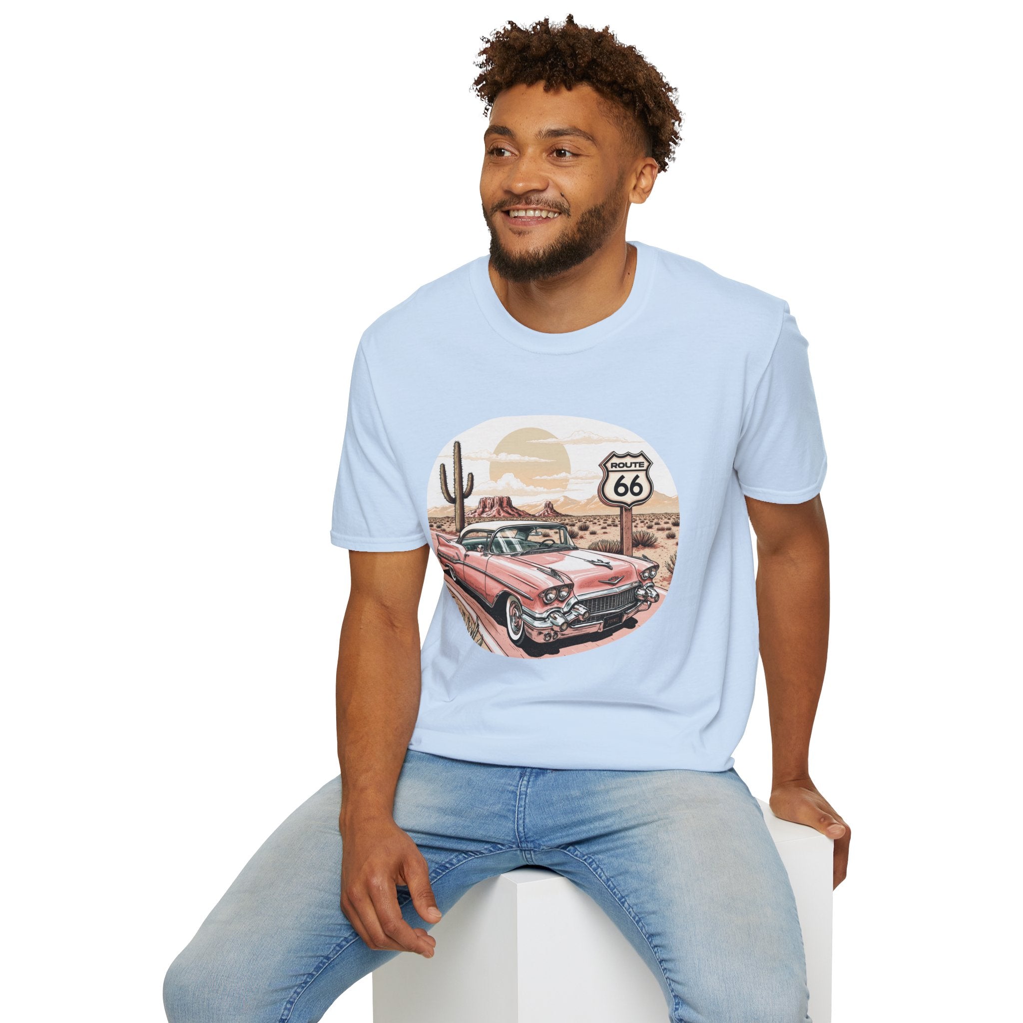 Retro Pink Classic Car Route 66 T-Shirt | Desert Cactus Vintage Roadtrip