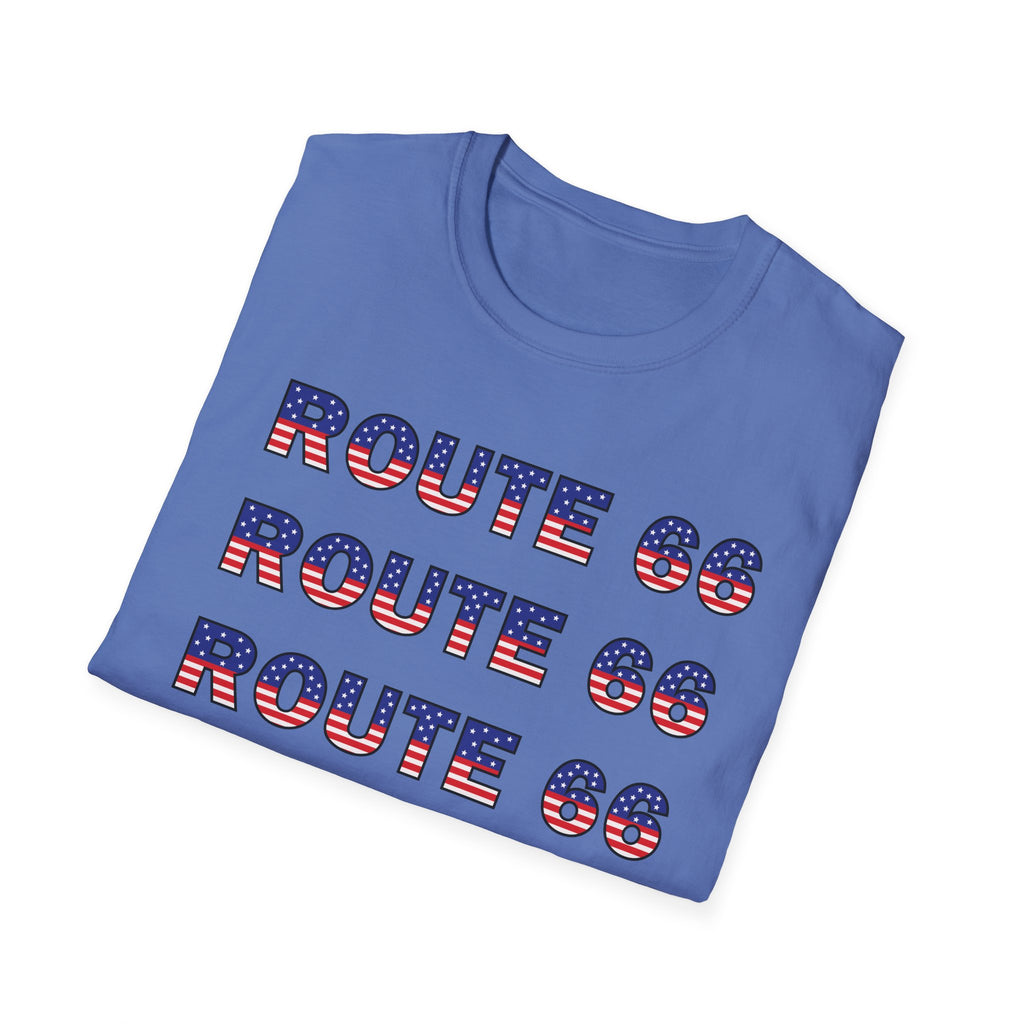 Route 66 Retro Text T-Shirt | American Flag Roadtrip Graphic