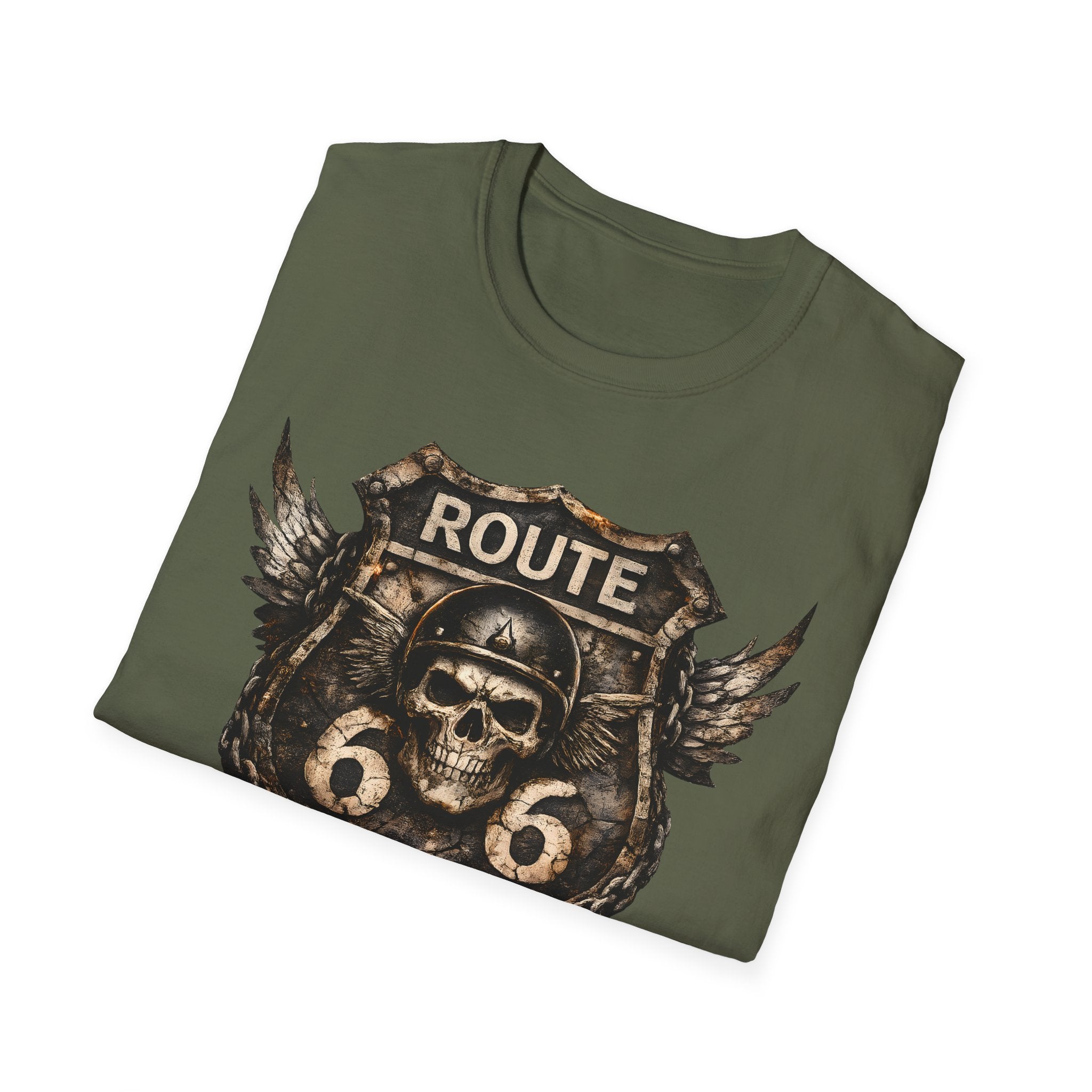 Route 66 Skull Badge T-Shirt | Ride the Legend, Winged Helmet Motorcycle Design