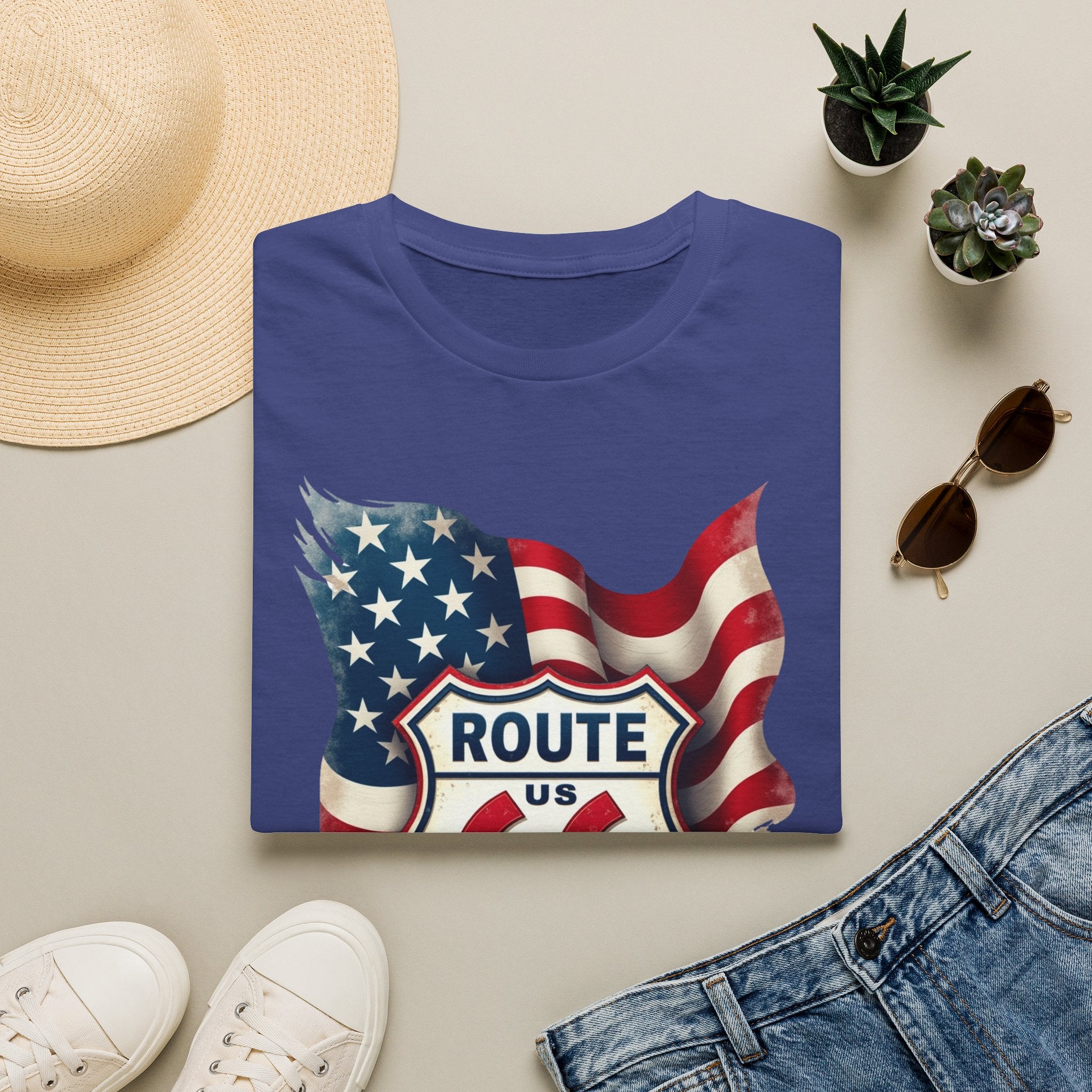 Route 66 Shield with American Flag T-Shirt | Vintage Road Trip Tee
