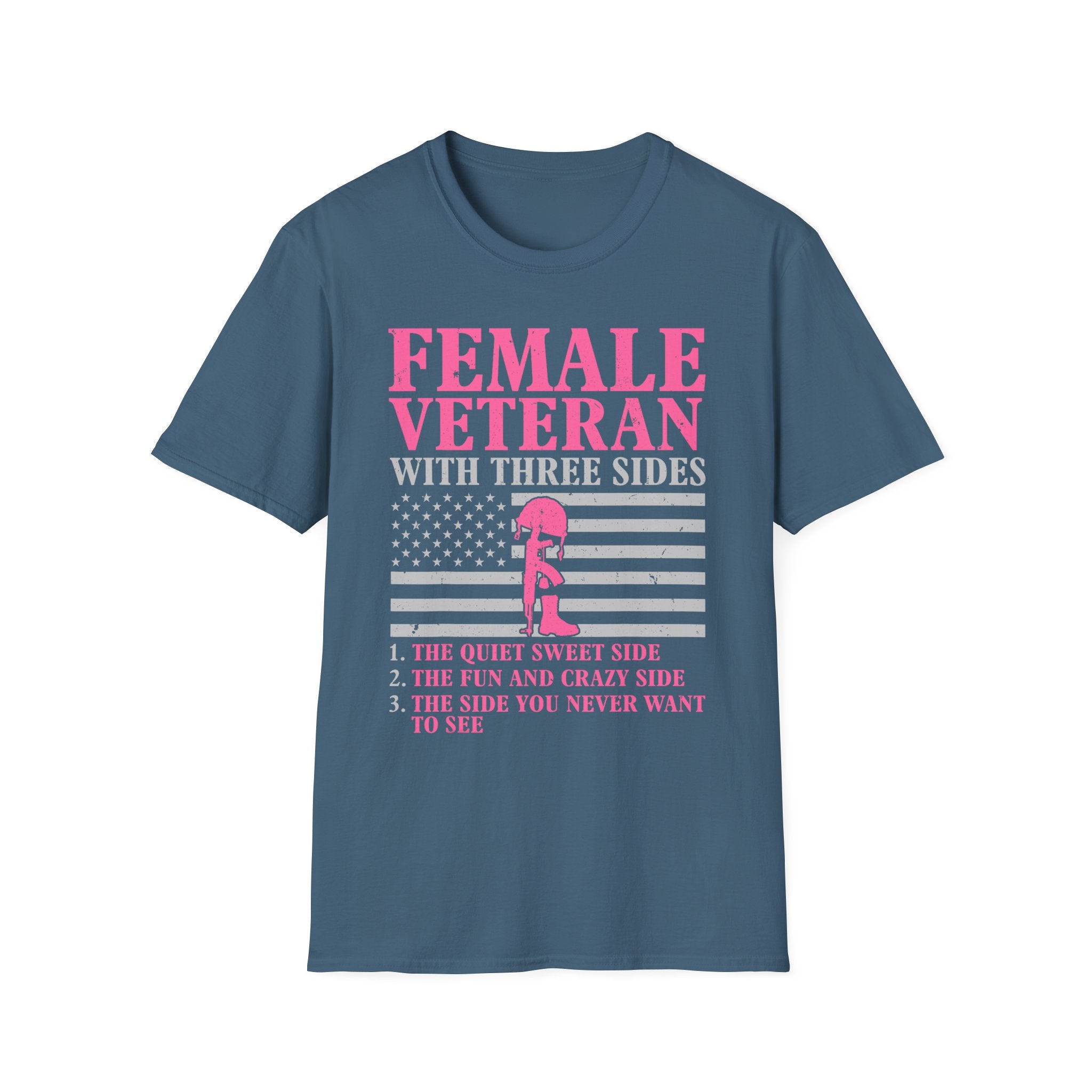 Female Veteran with Three Sides T-Shirt | American Flag, Pink Helmet, Military Pride