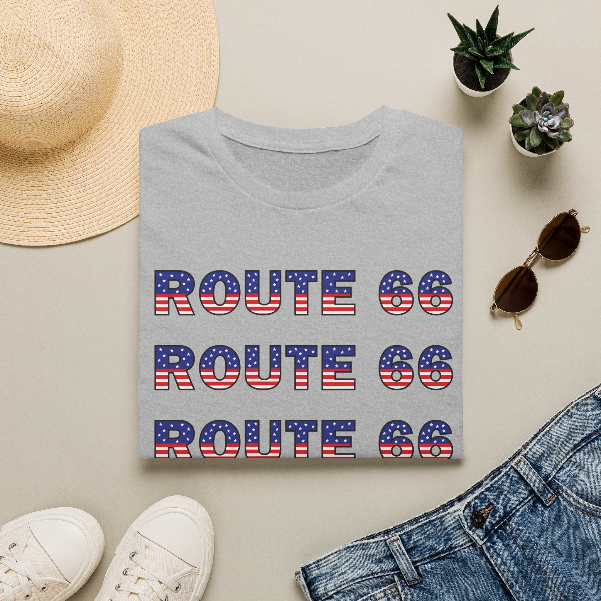 Route 66 Retro Text T-Shirt | American Flag Roadtrip Graphic