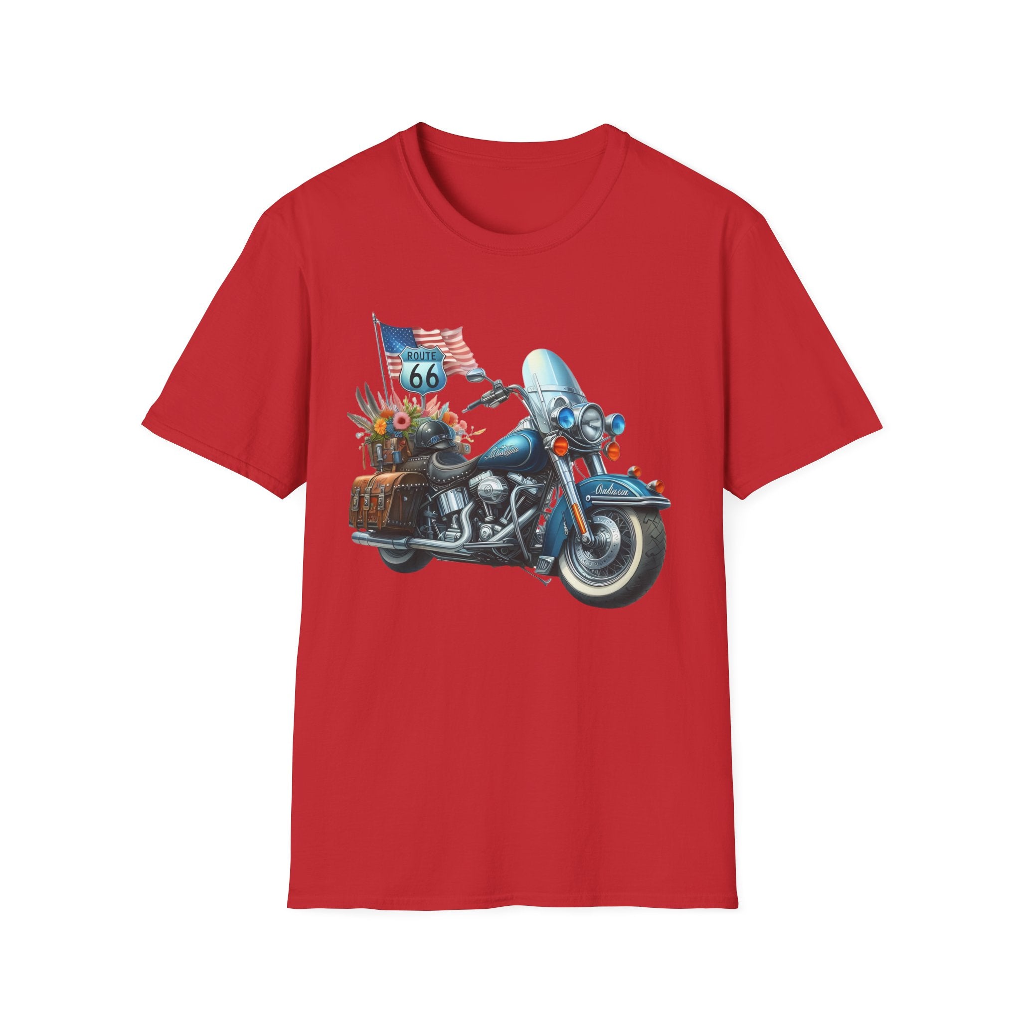 Route 66 Motorcycle Illustration T-Shirt | American Flag, Sunflowers