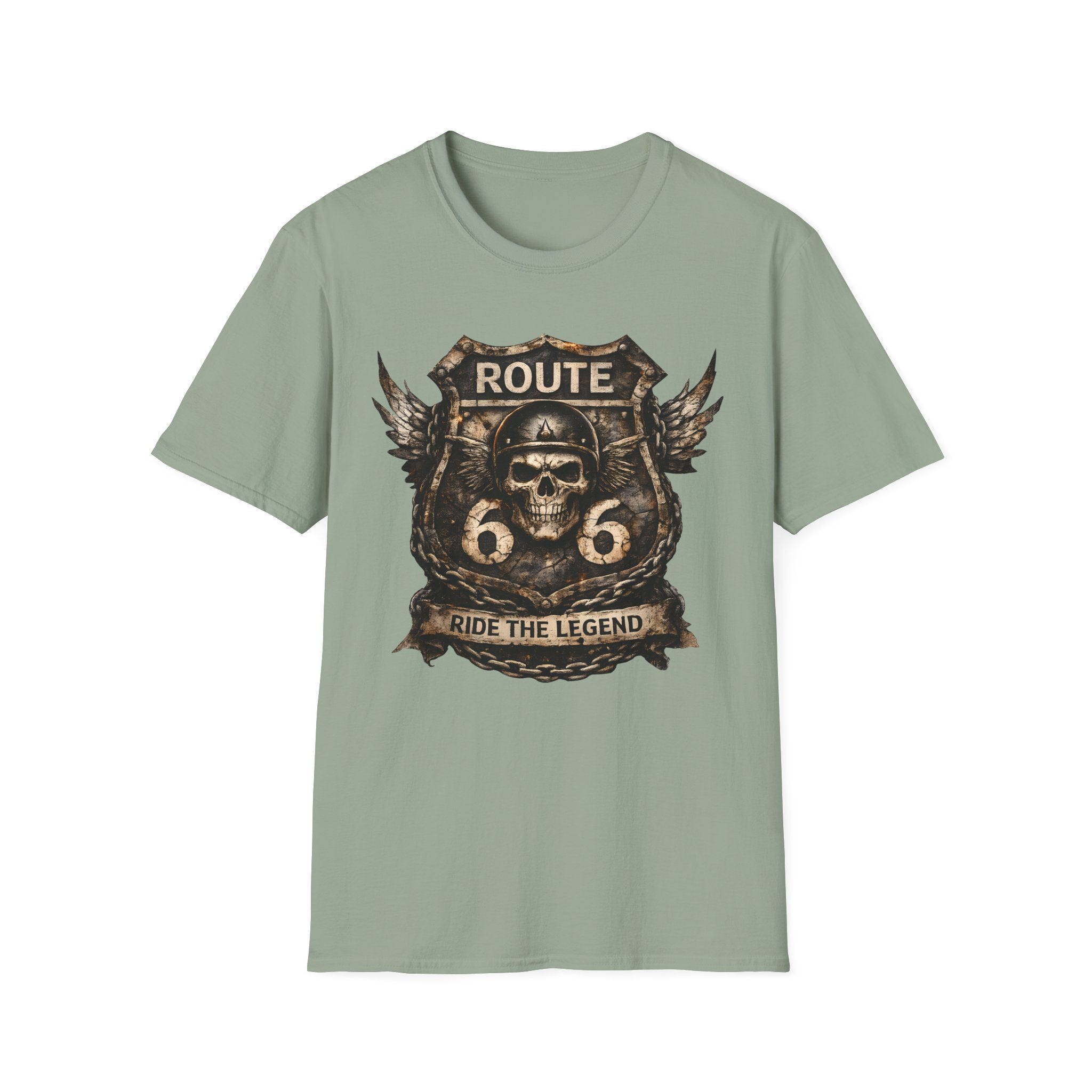 Route 66 Skull Badge T-Shirt | Ride the Legend, Winged Helmet Motorcycle Design