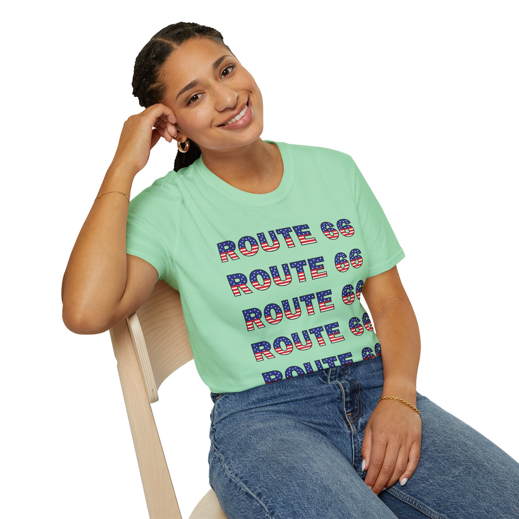 Route 66 Retro Text T-Shirt | American Flag Roadtrip Graphic