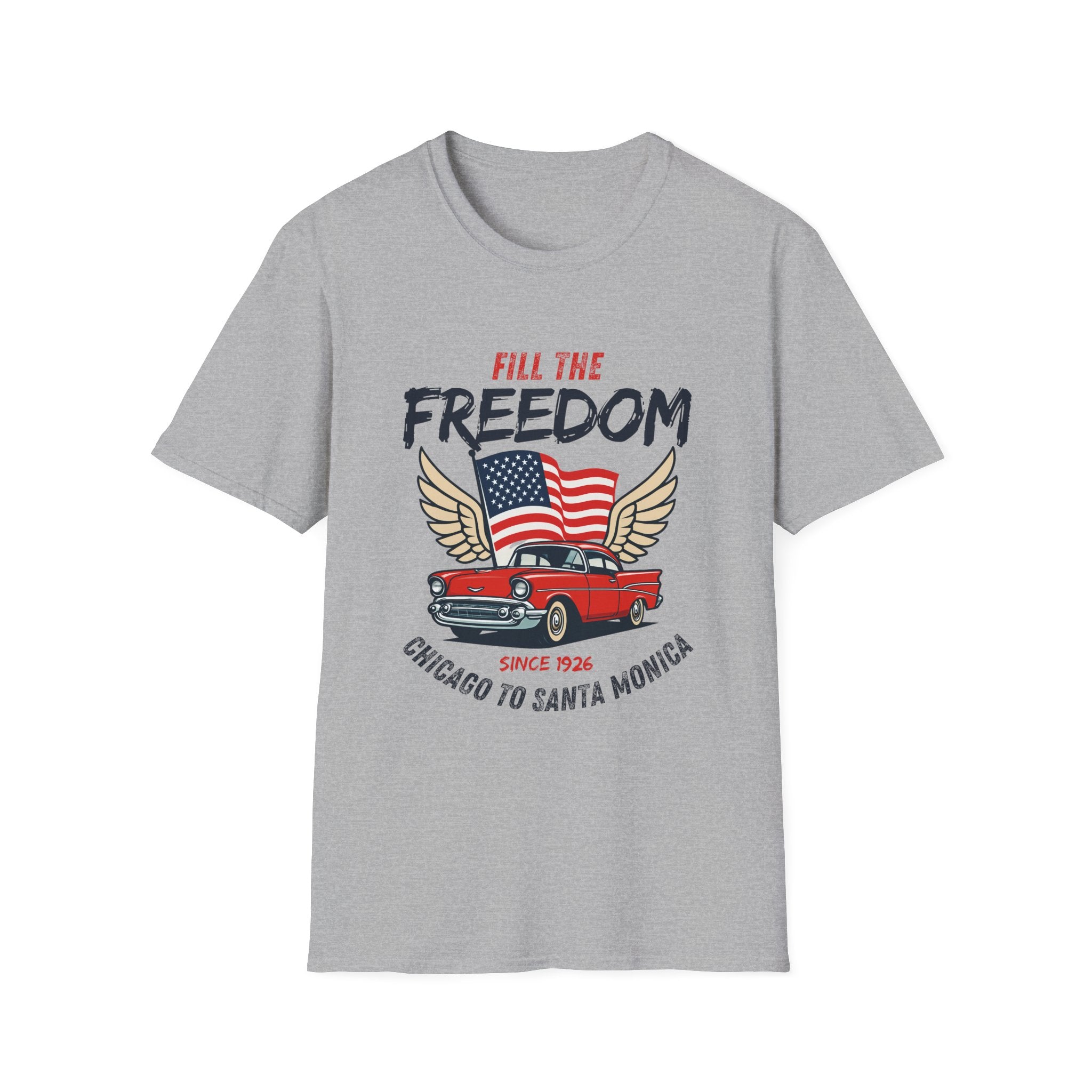 Fill the Freedom Vintage Car T-Shirt | American Flag Wings Chicago to Santa Monica