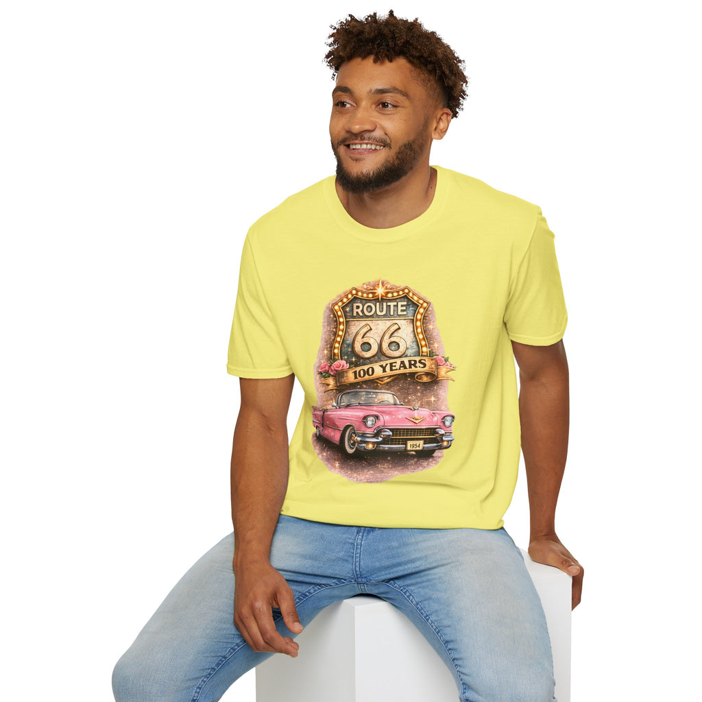 Route 66 100 Years Pink Classic Car T-Shirt | Vintage Road Trip Tee
