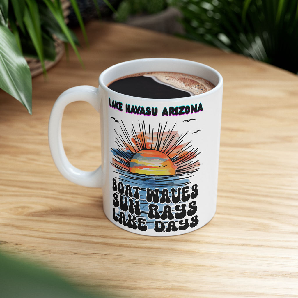 Lake Havasu Arizona Sunset Boat Waves Sun Rays Lake Days Mug | Retro Beach Sunrise Ceramic Mug