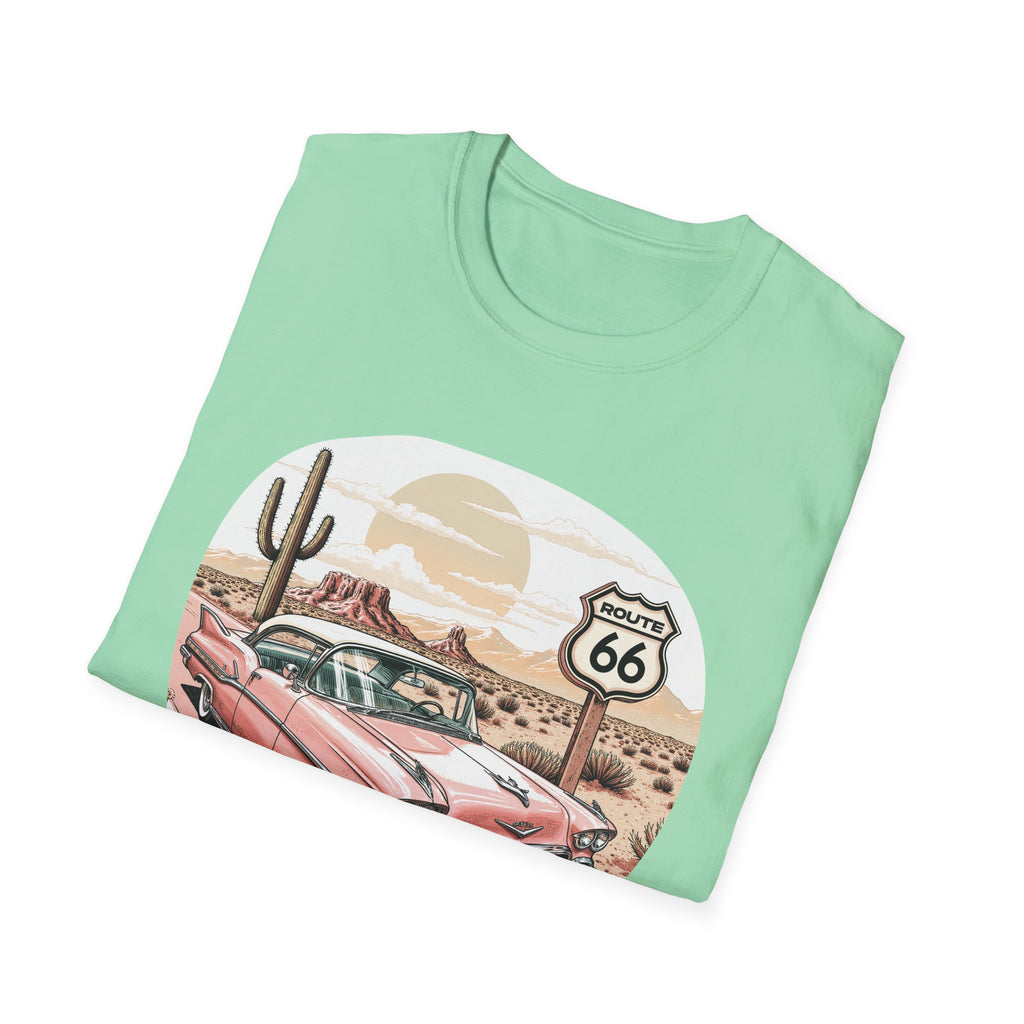 Retro Pink Classic Car Route 66 T-Shirt | Desert Cactus Vintage Roadtrip