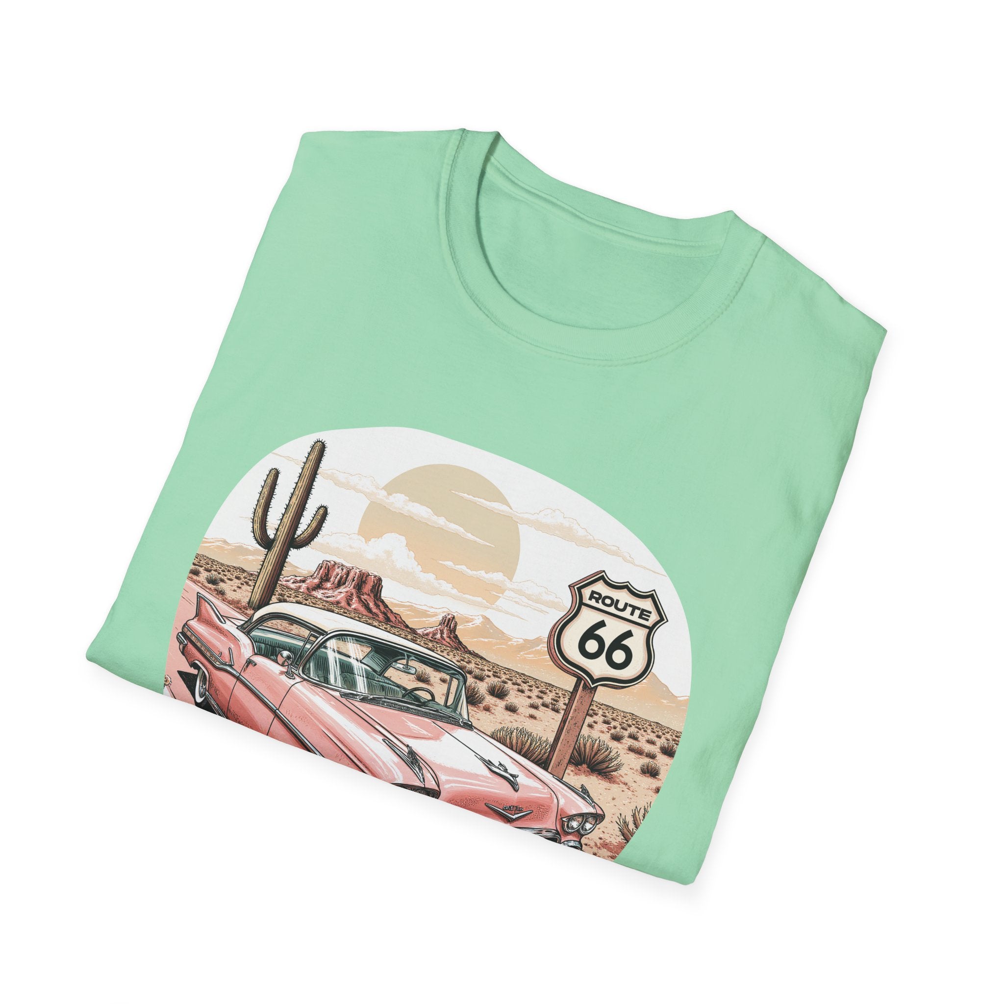 Retro Pink Classic Car Route 66 T-Shirt | Desert Cactus Vintage Roadtrip