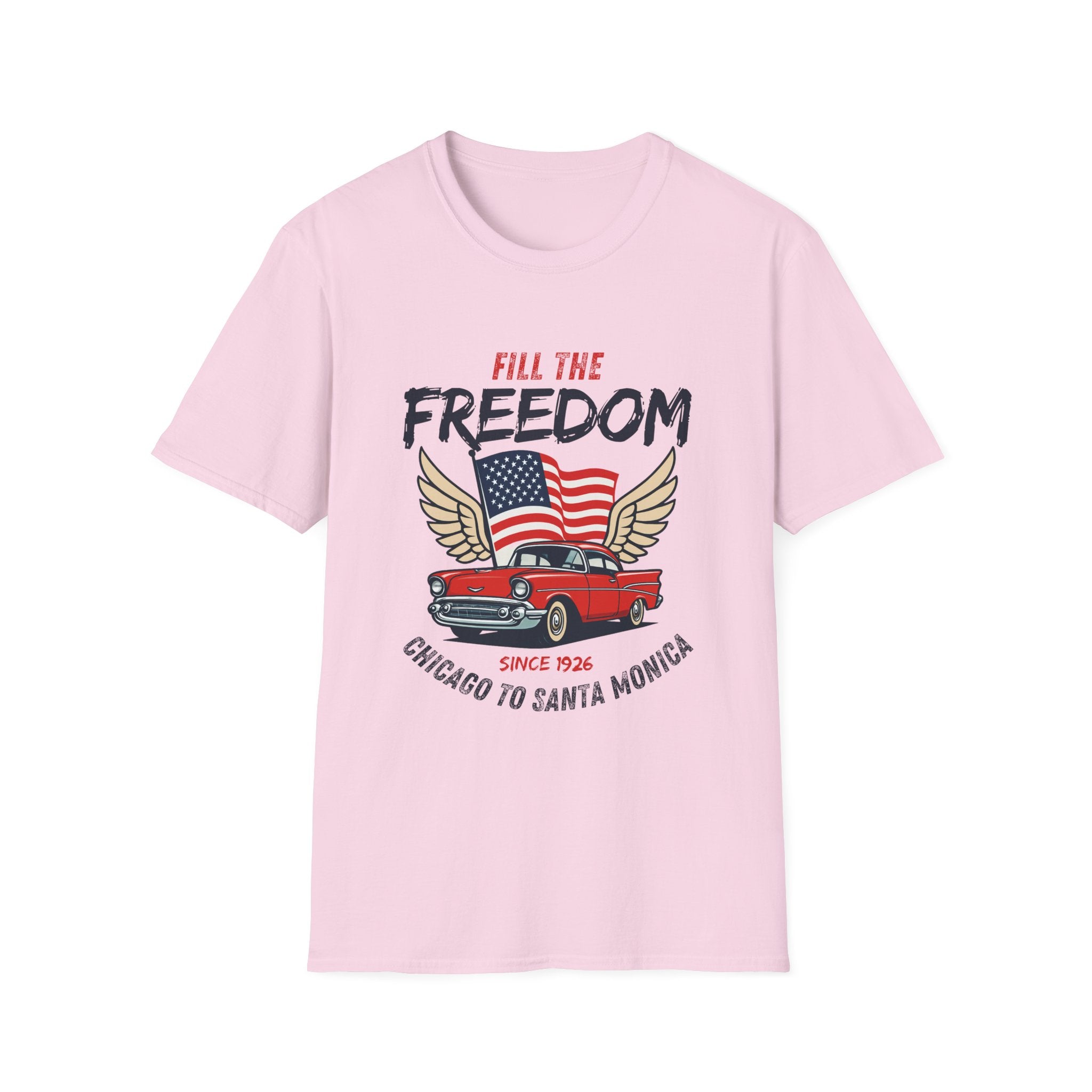 Fill the Freedom Vintage Car T-Shirt | American Flag Wings Chicago to Santa Monica