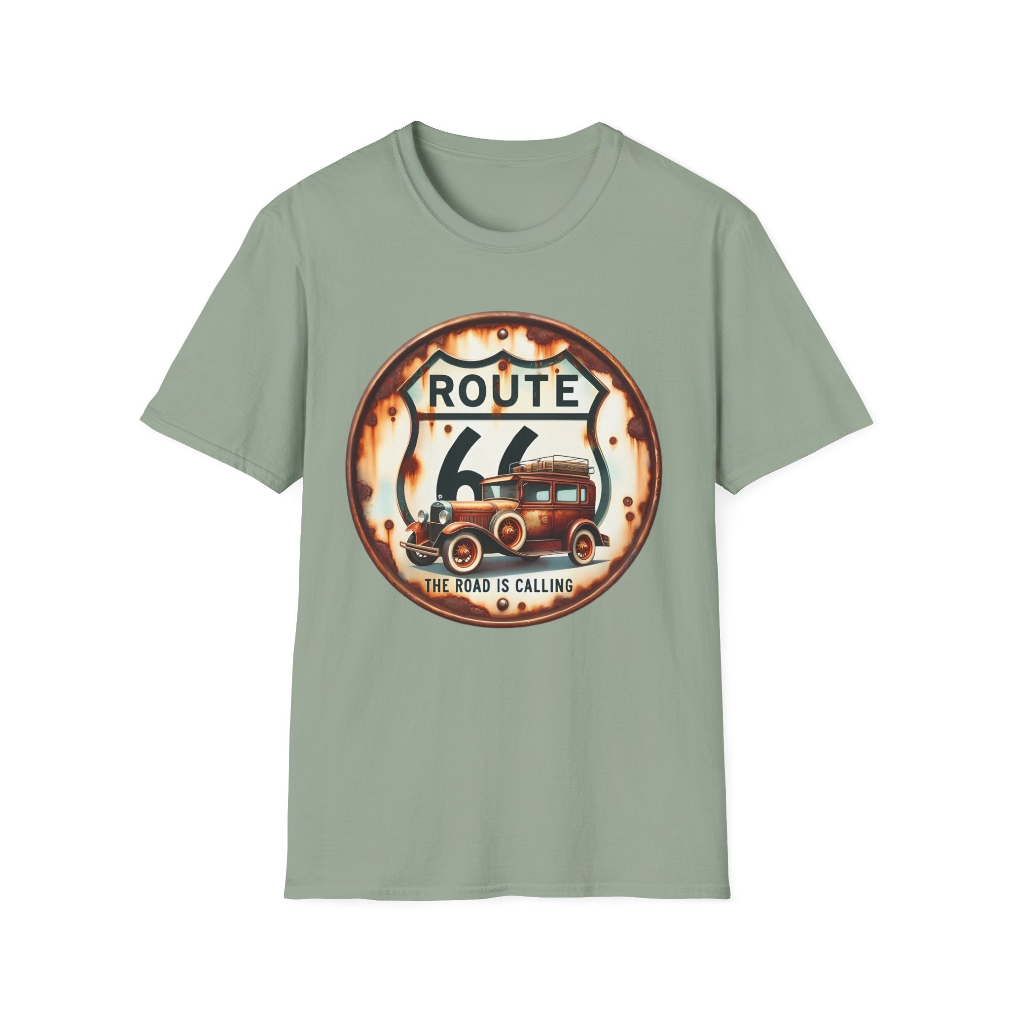 Route 66 Vintage Woodie Car T-Shirt | Road Trip Retro Sign, 'The Road Is Calling'