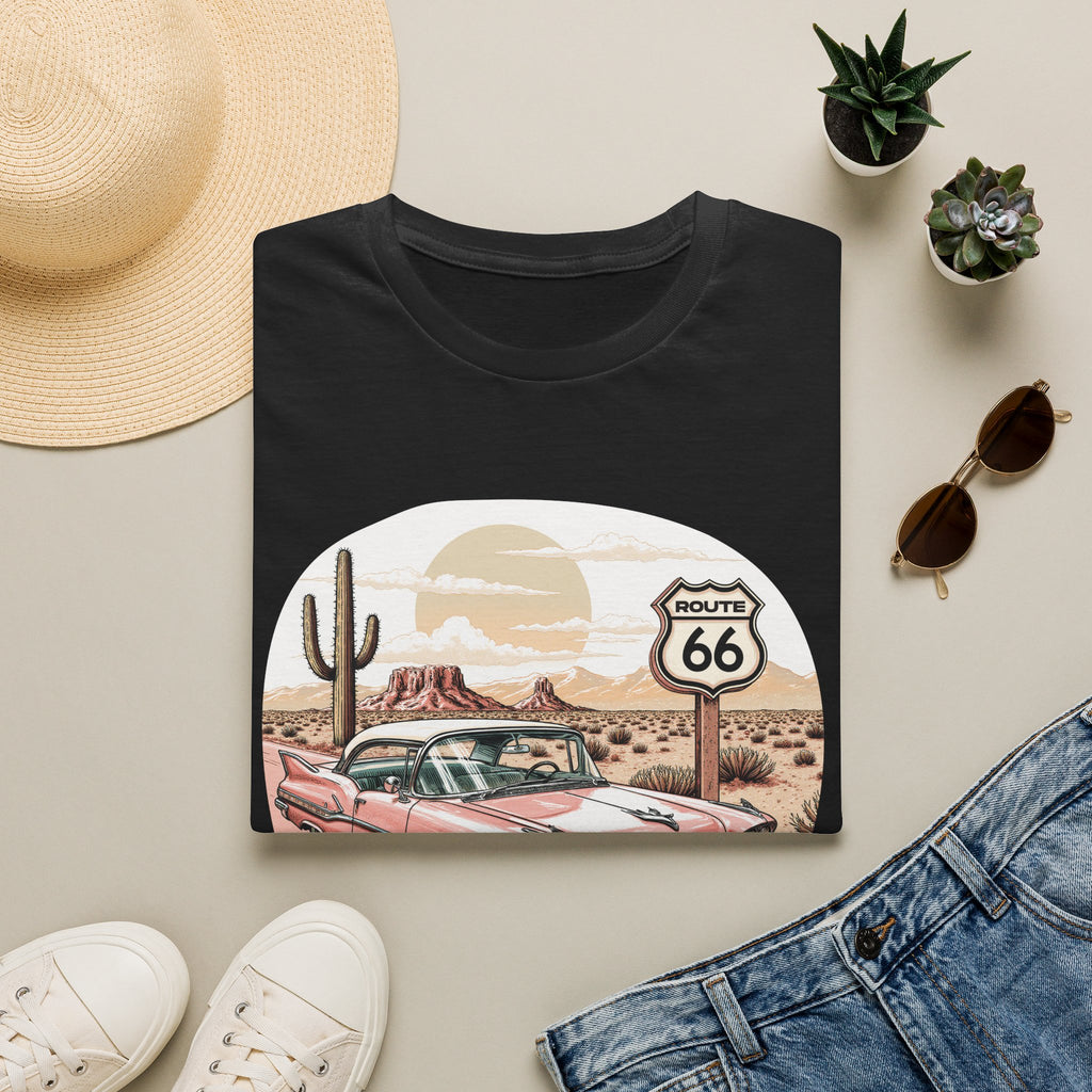 Retro Pink Classic Car Route 66 T-Shirt | Desert Cactus Vintage Roadtrip
