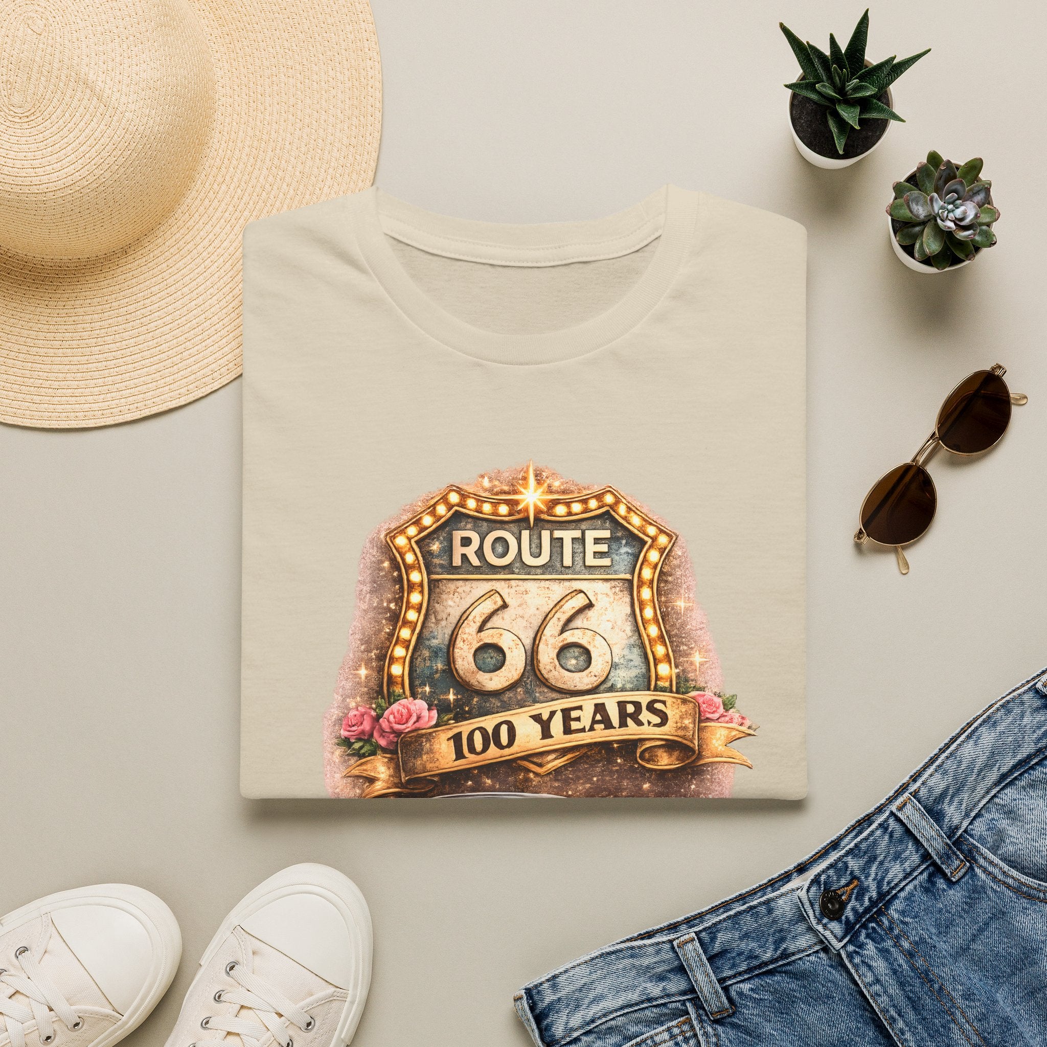 Route 66 100 Years Pink Classic Car T-Shirt | Vintage Road Trip Tee