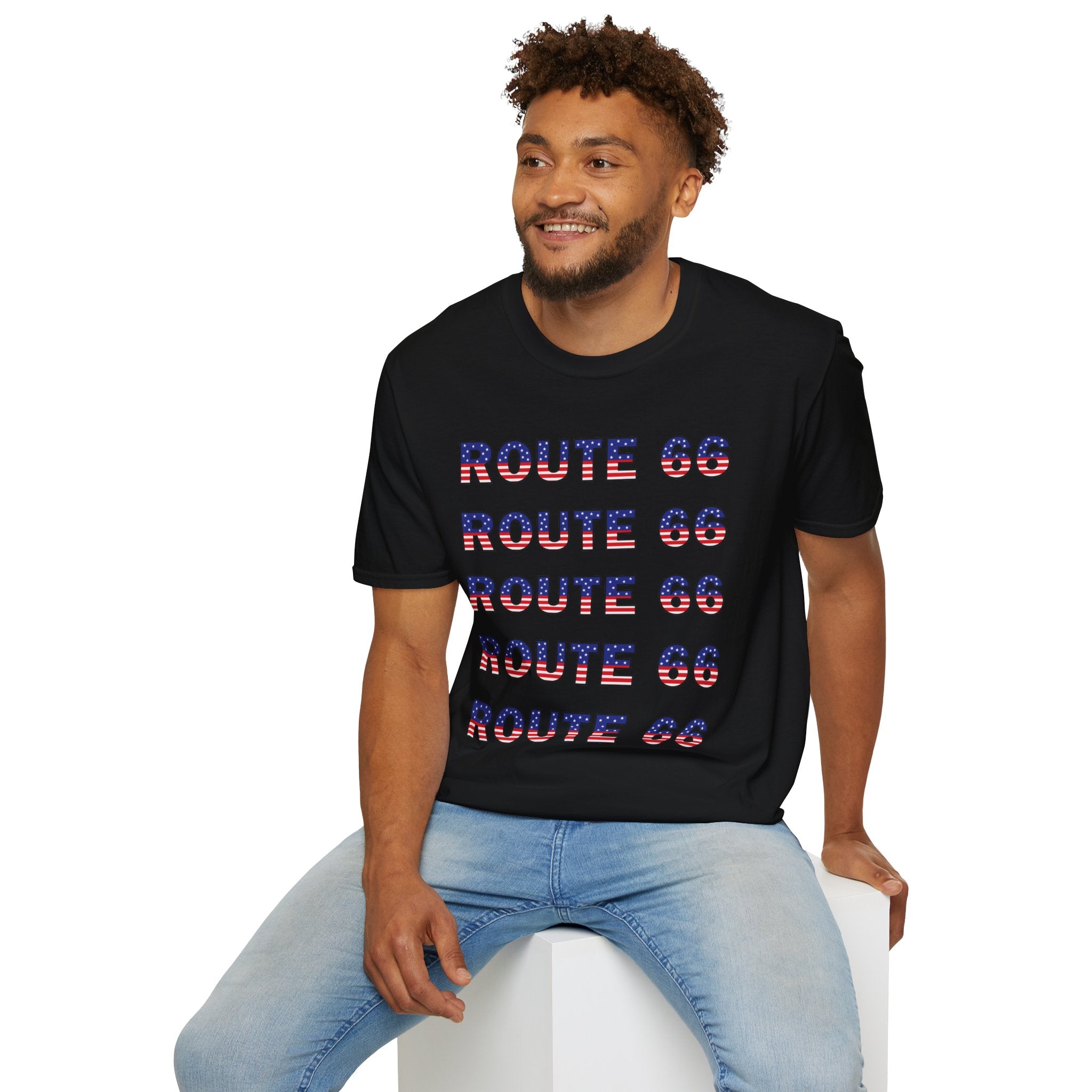 Route 66 Retro Text T-Shirt | American Flag Roadtrip Graphic