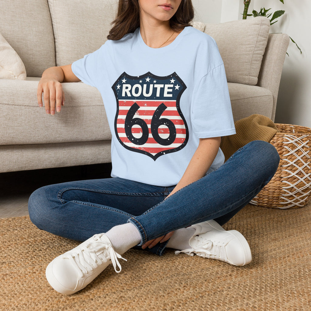 Route 66 Shield T-Shirt | American Flag Vintage Road Sign