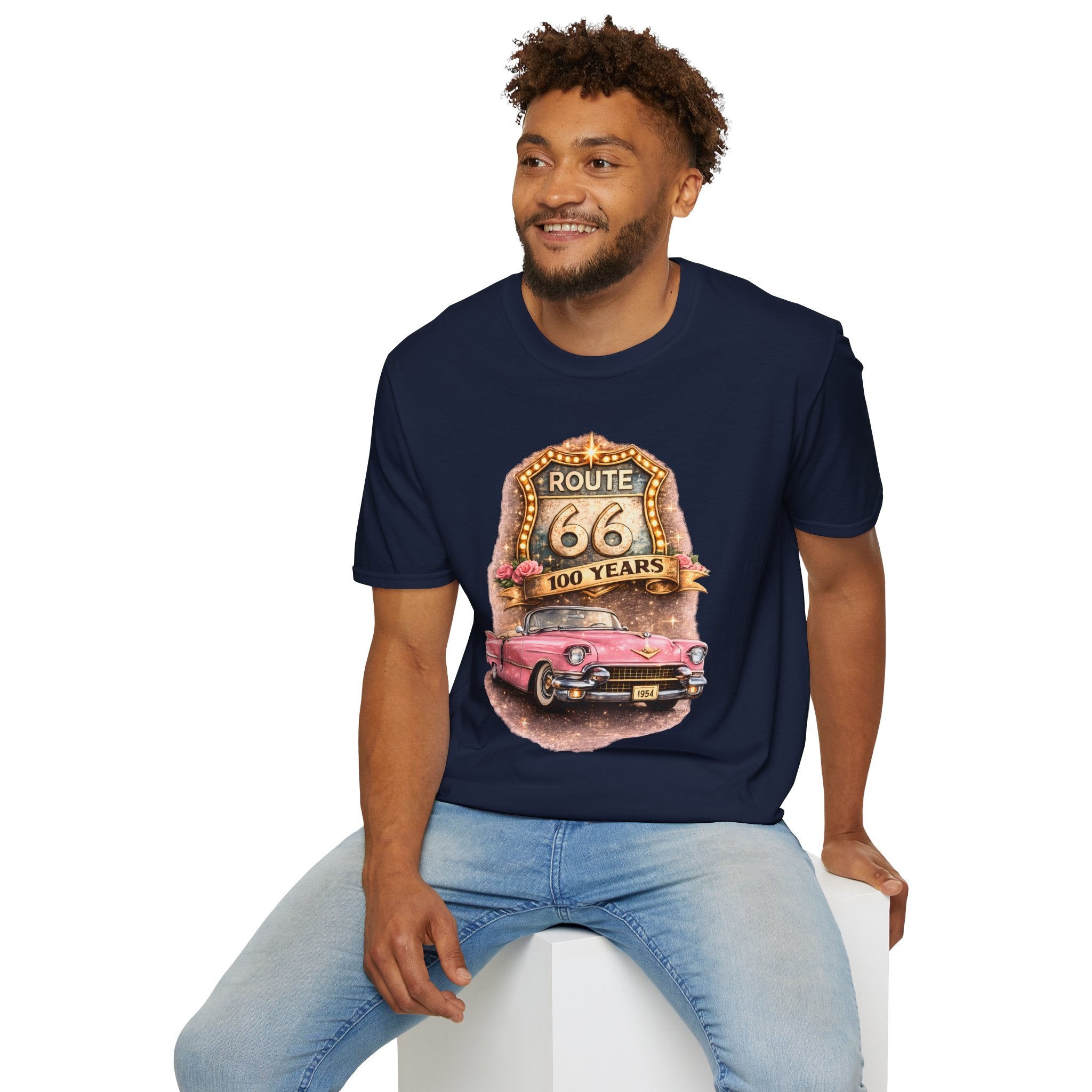 Route 66 100 Years Pink Classic Car T-Shirt | Vintage Road Trip Tee