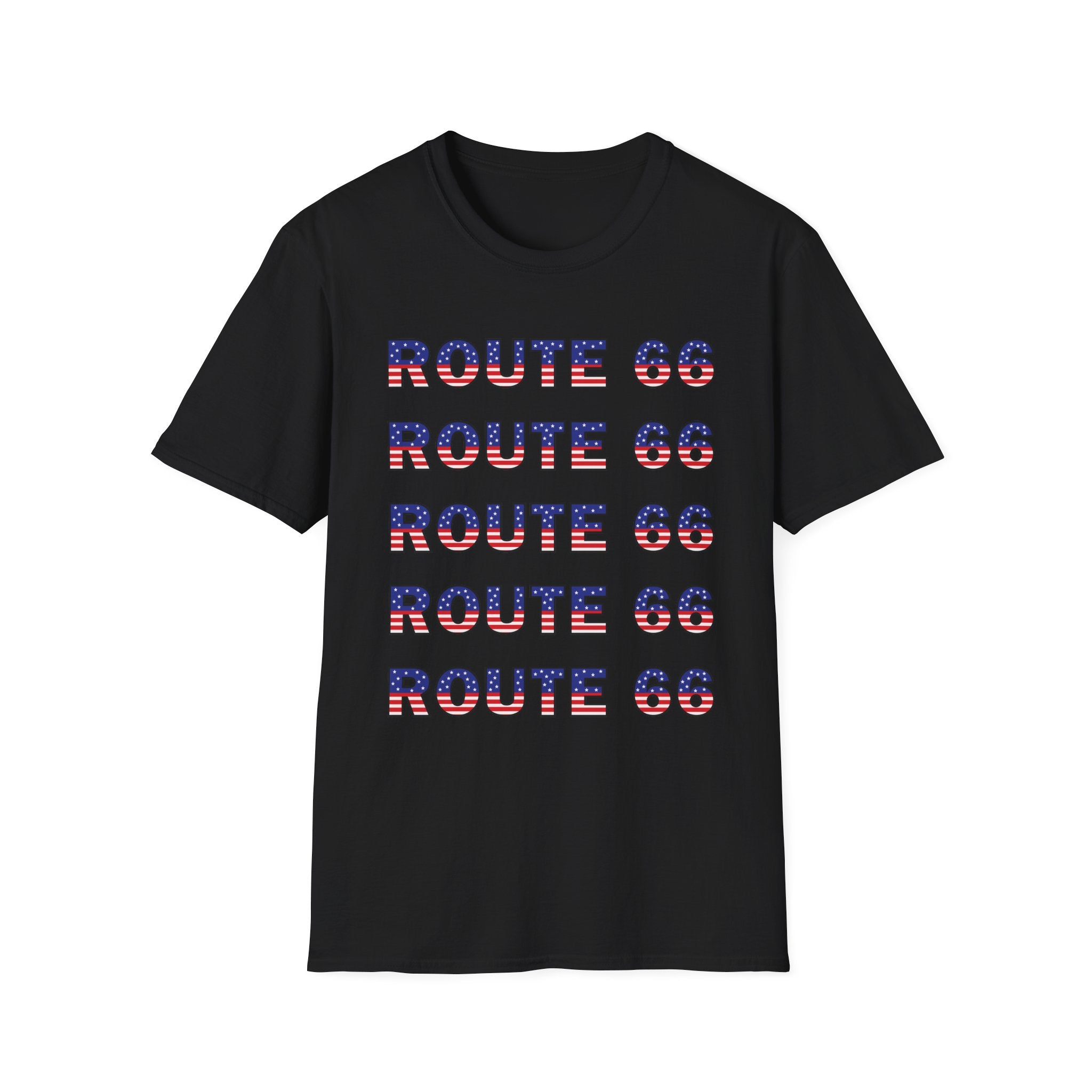 Route 66 Retro Text T-Shirt | American Flag Roadtrip Graphic