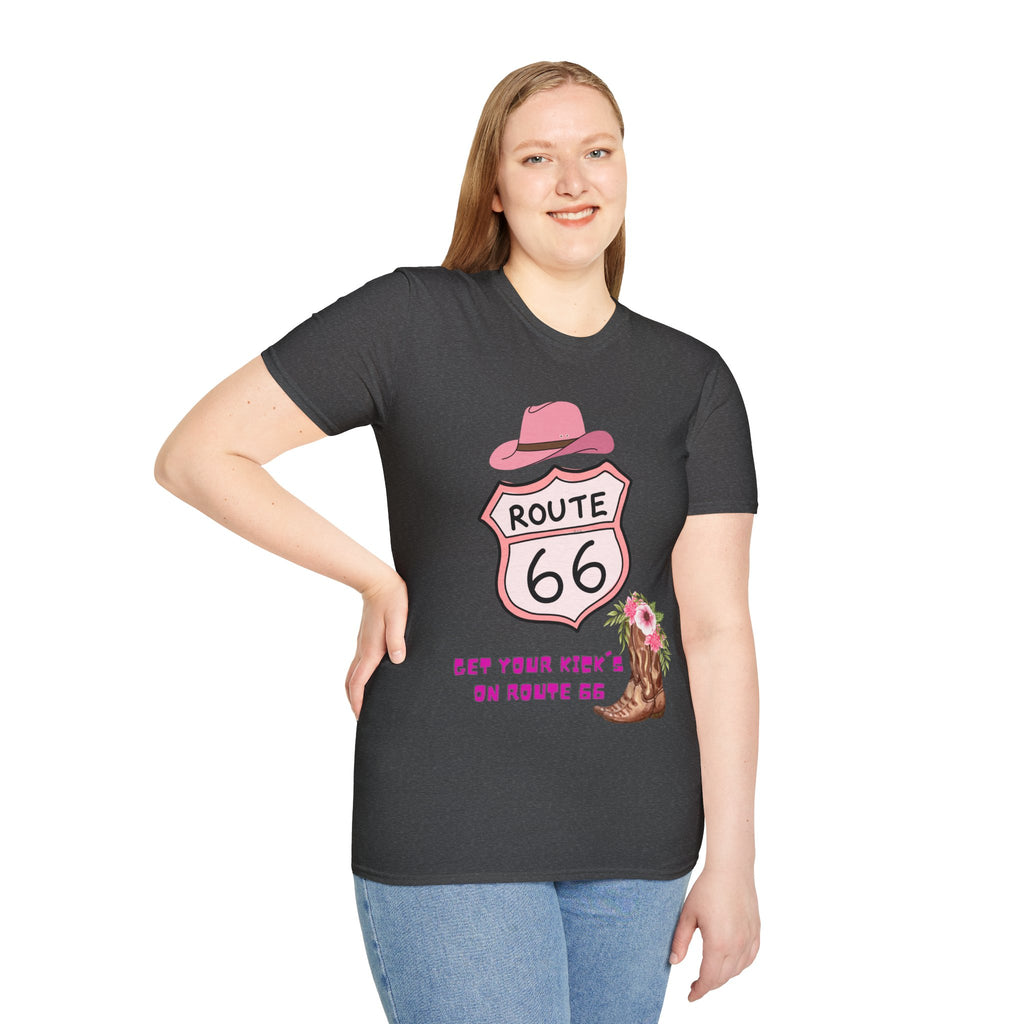 Route 66 Softstyle T-Shirt, Get Your Kick's On, Men Women, Unisex Tee Gift, Travel Highway Shirt