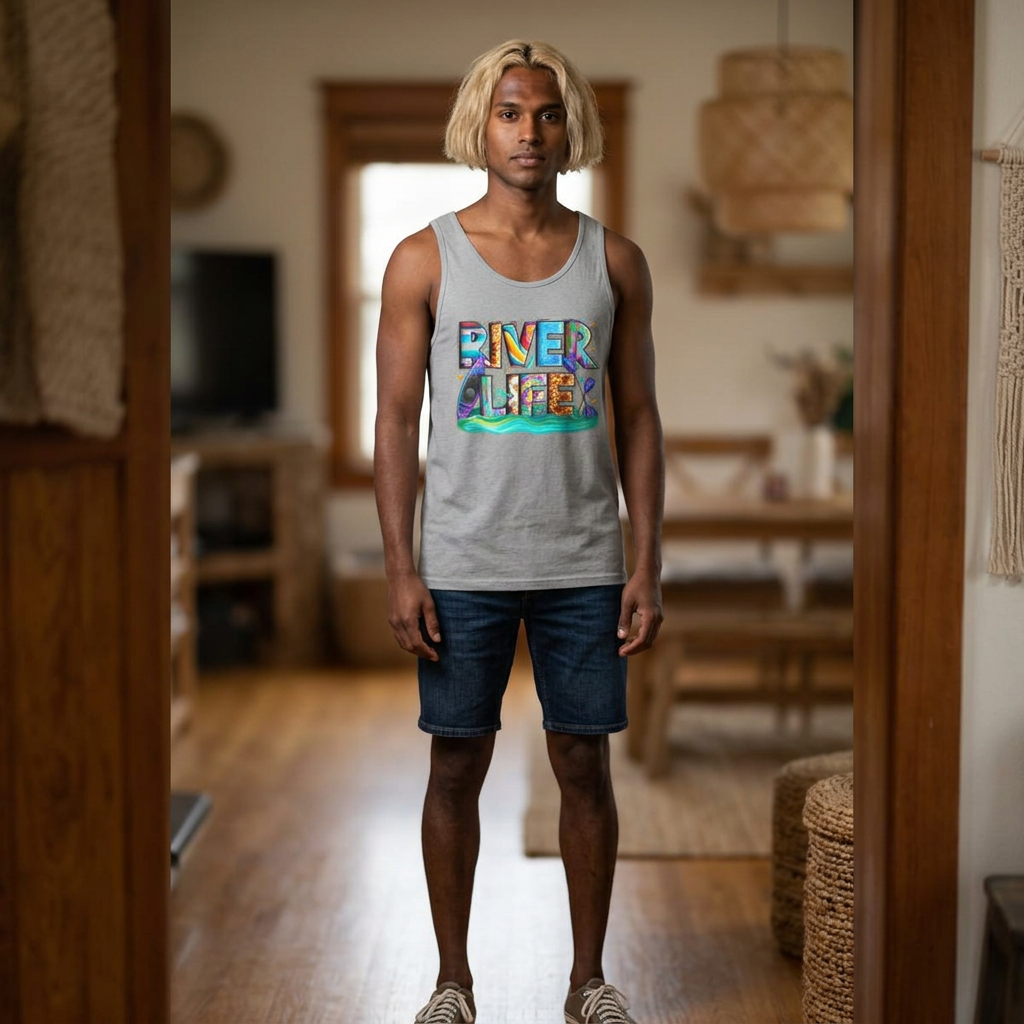 River Life tank | colorful water typography, kayak, nature summer design
