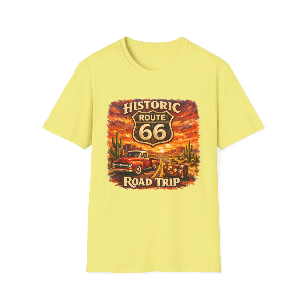 Historic Route 66 Road Trip T-Shirt | Vintage Car Desert Sunset