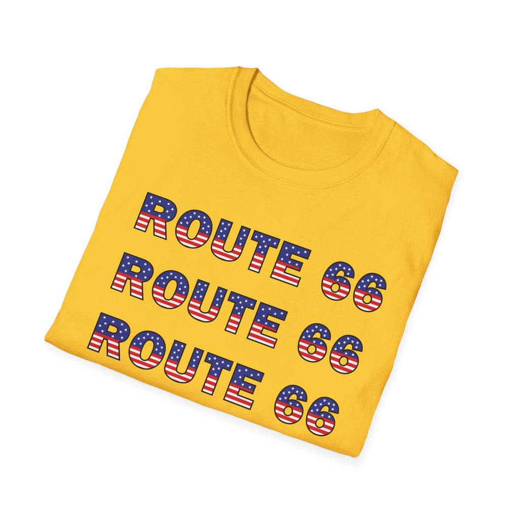 Route 66 Retro Text T-Shirt | American Flag Roadtrip Graphic