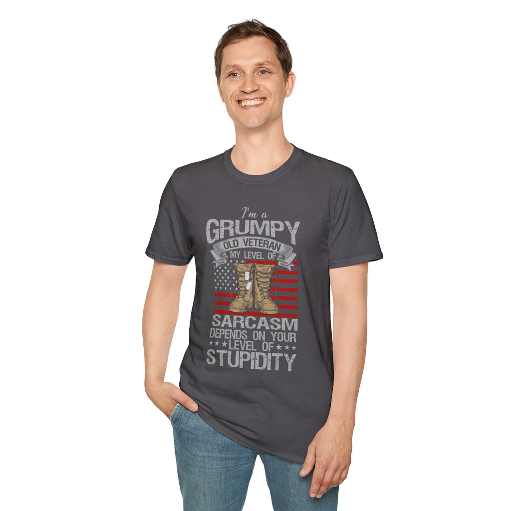 Grumpy Old Veteran Boots, T-Shirt | American Flag, Sarcasm Depends on Stupidity