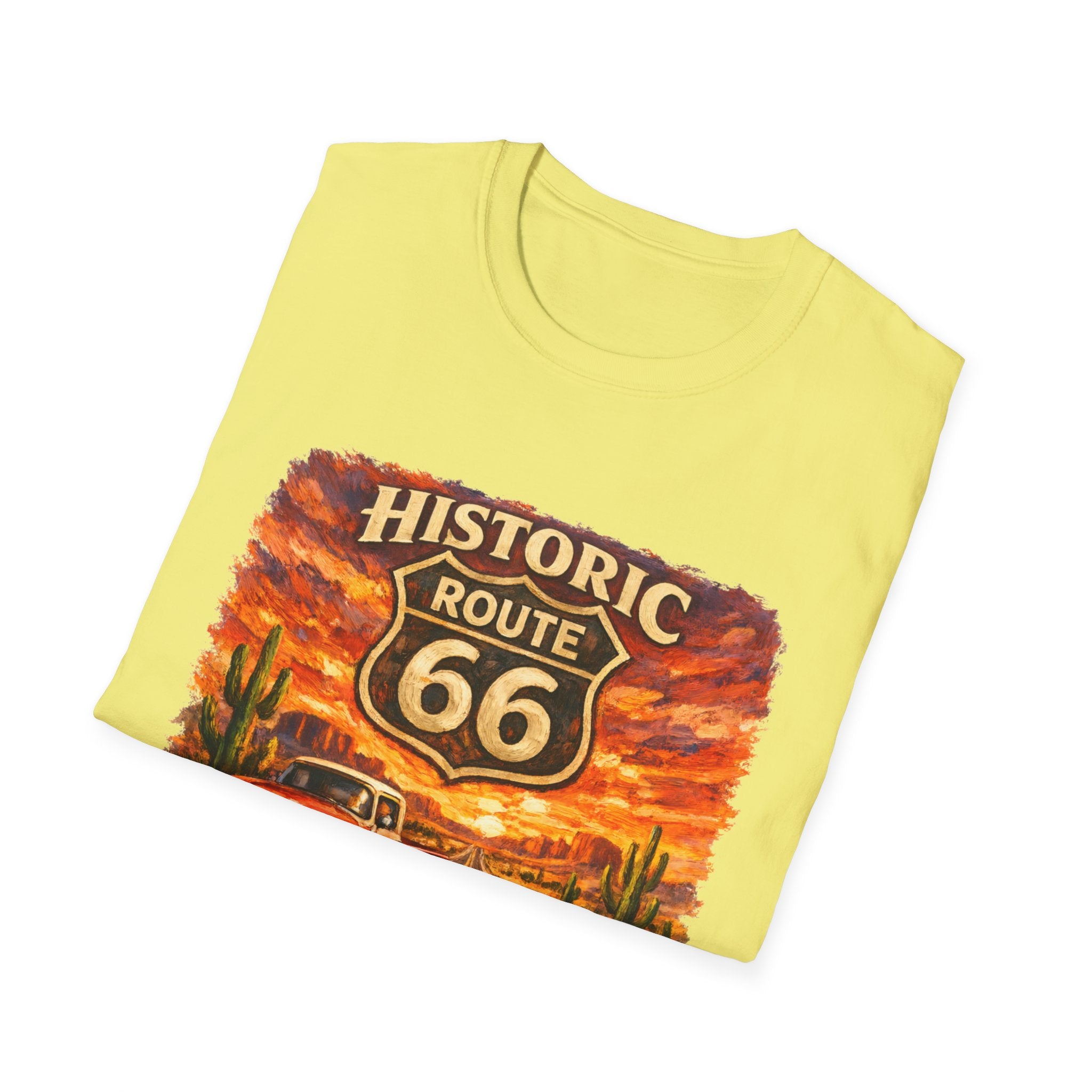 Historic Route 66 Road Trip T-Shirt | Vintage Car Desert Sunset