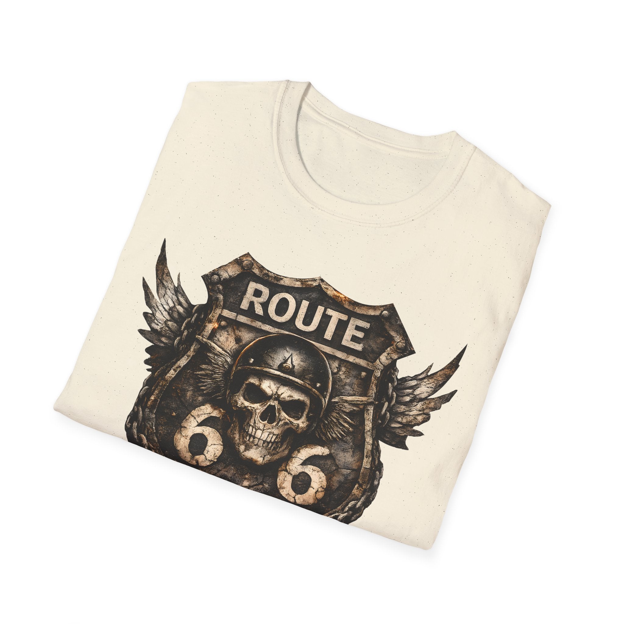 Route 66 Skull Badge T-Shirt | Ride the Legend, Winged Helmet Motorcycle Design