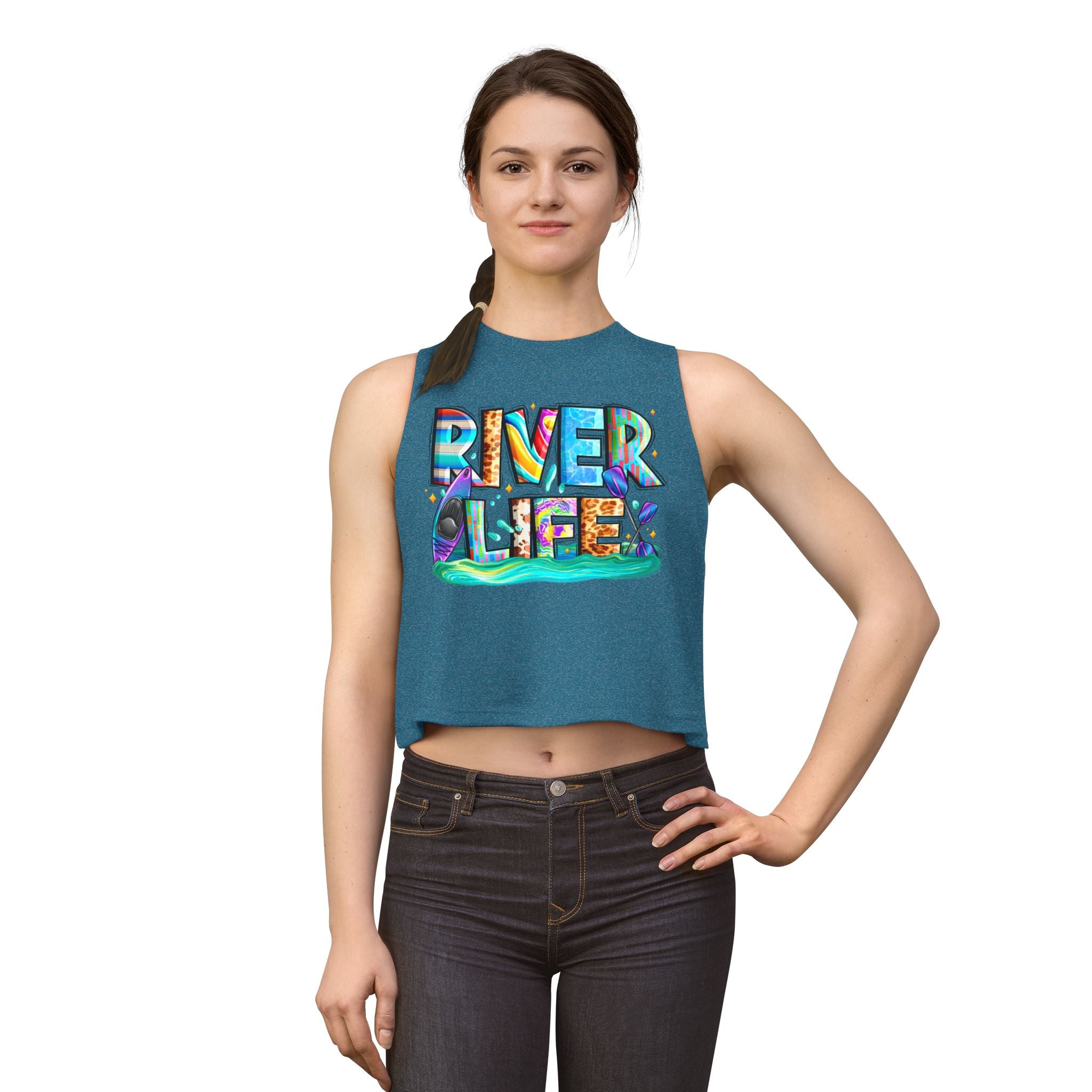 River Life Graphic Women's Crop Top | Kayak Paddle River Scene