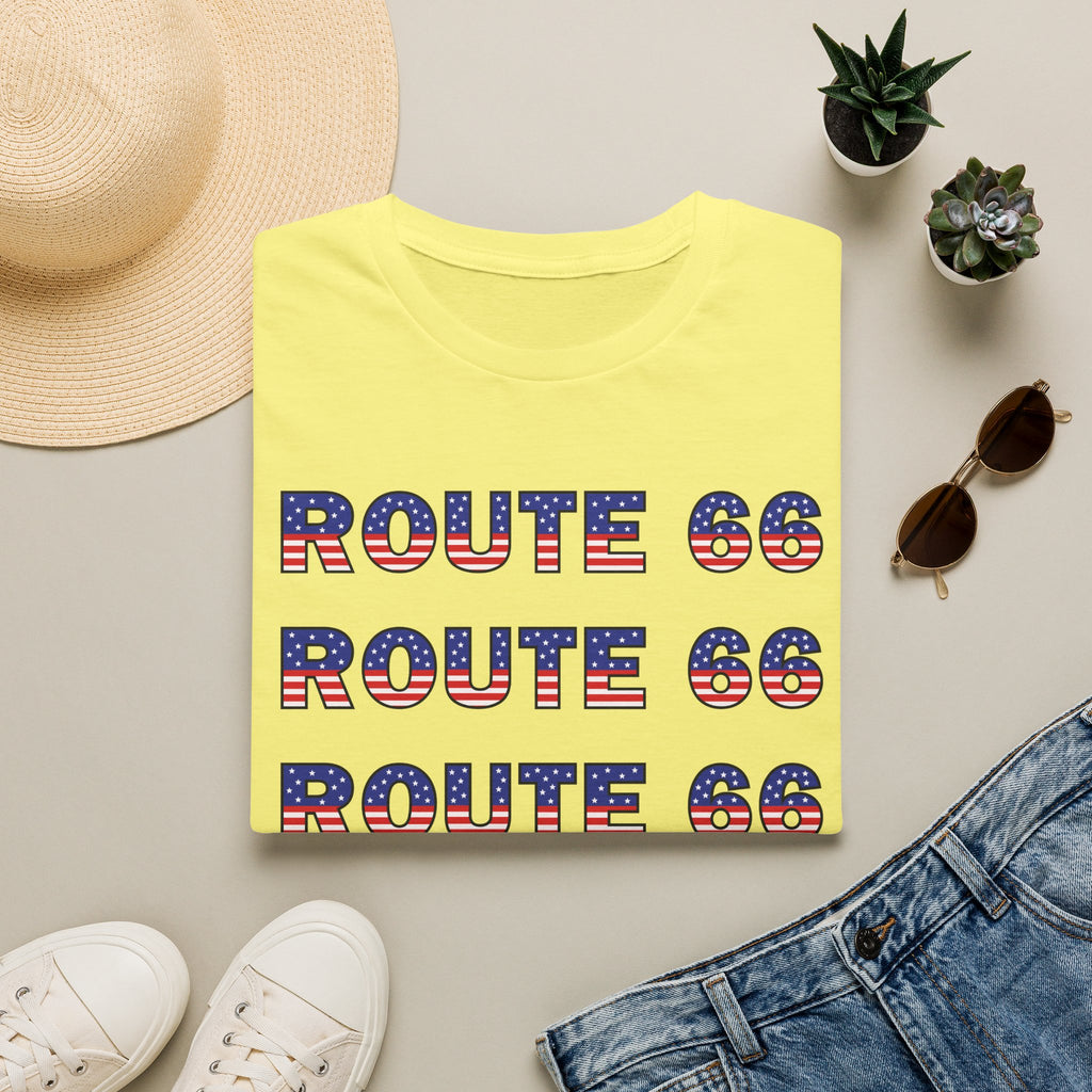 Route 66 Retro Text T-Shirt | American Flag Roadtrip Graphic