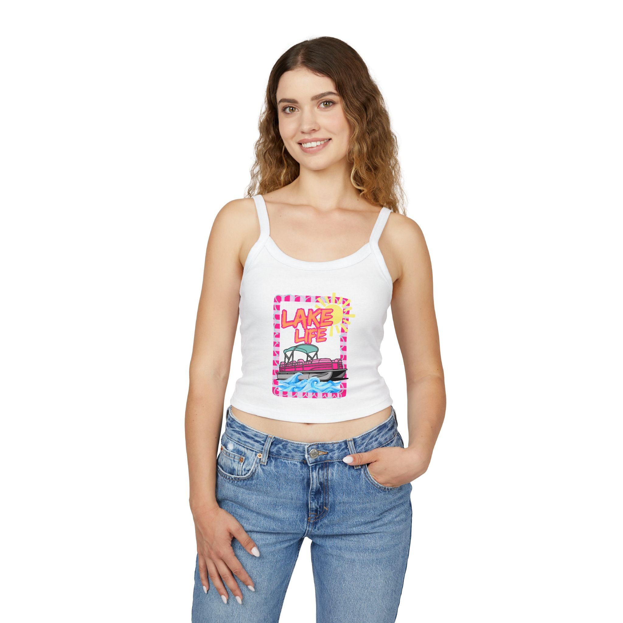 Lake Life Boat Graphic Tank Top | Retro Sunset Lakeside Design