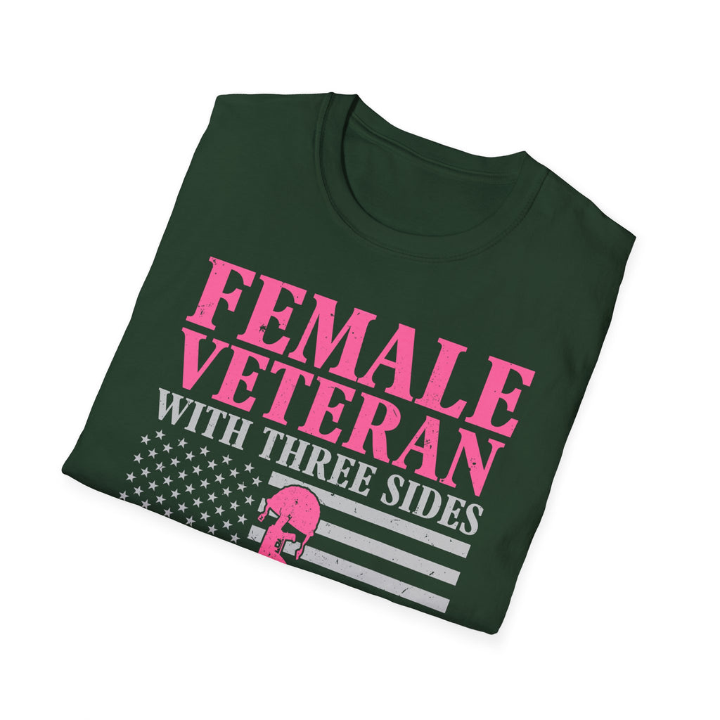 Female Veteran with Three Sides T-Shirt | American Flag, Pink Helmet, Military Pride