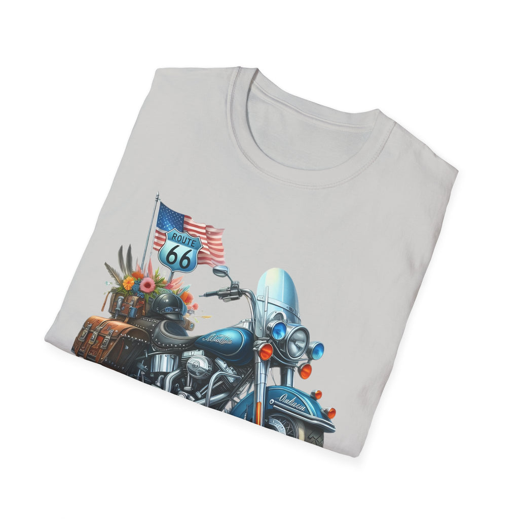 Route 66 Motorcycle Illustration T-Shirt | American Flag, Sunflowers