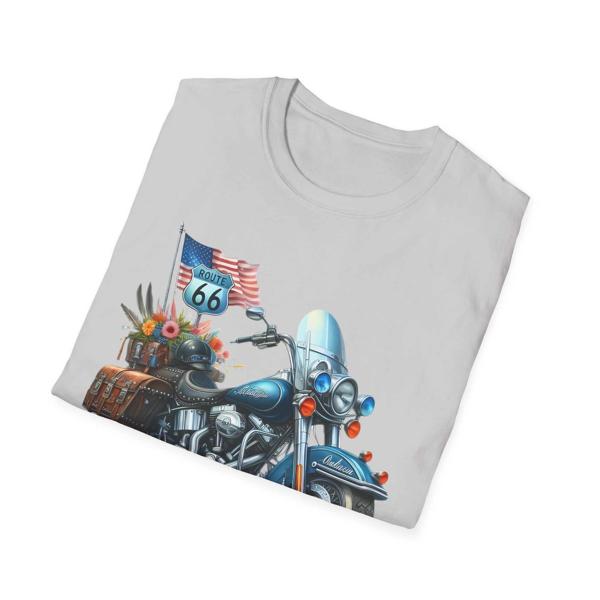 Route 66 Motorcycle Illustration T-Shirt | American Flag, Sunflowers