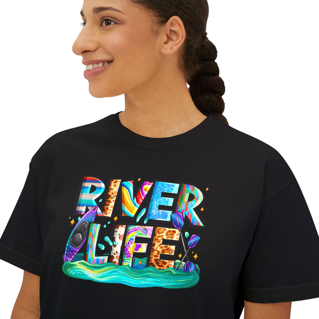 River Life boxy tee | colorful river lettering, kayak, fishing graphics