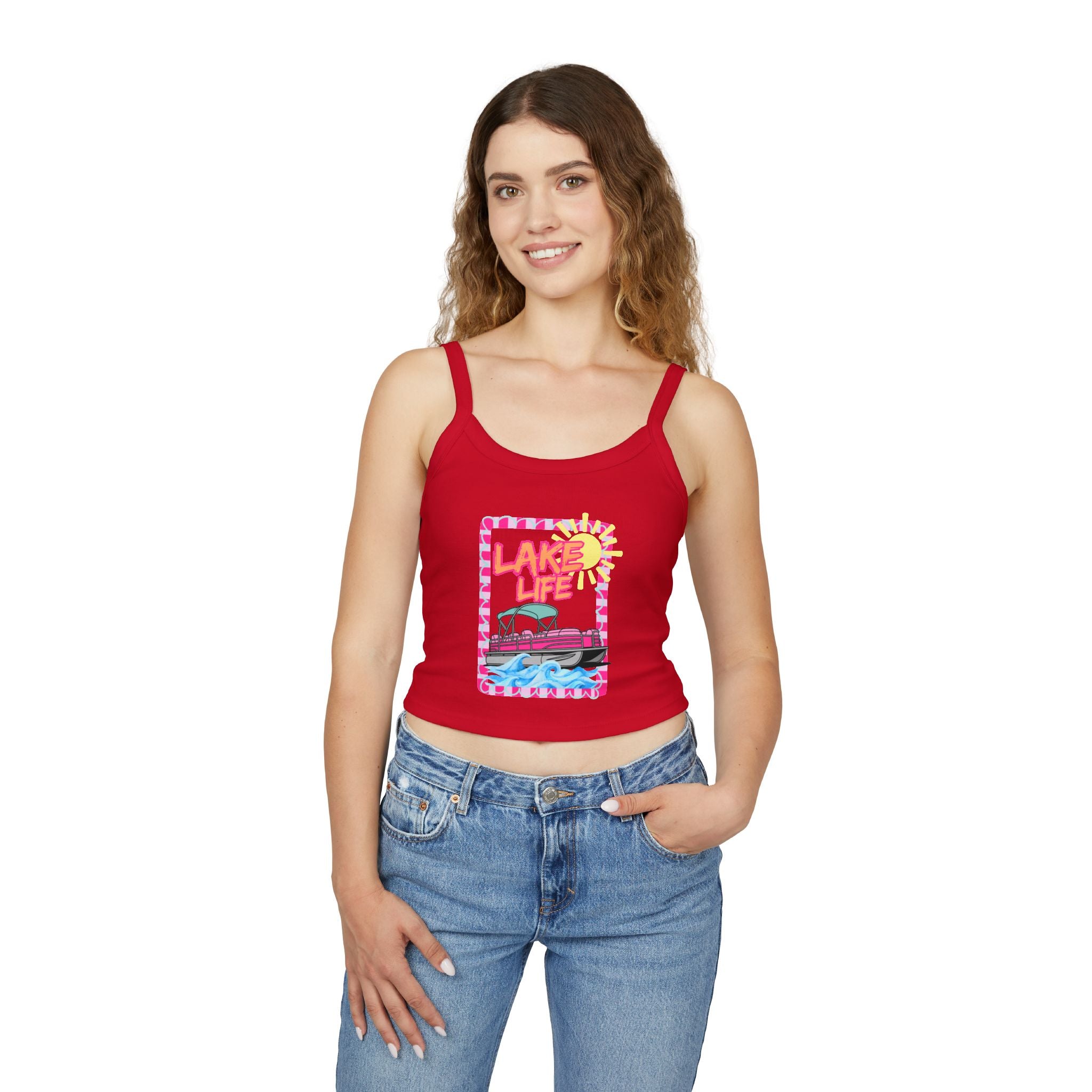 Lake Life Boat Graphic Tank Top | Retro Sunset Lakeside Design